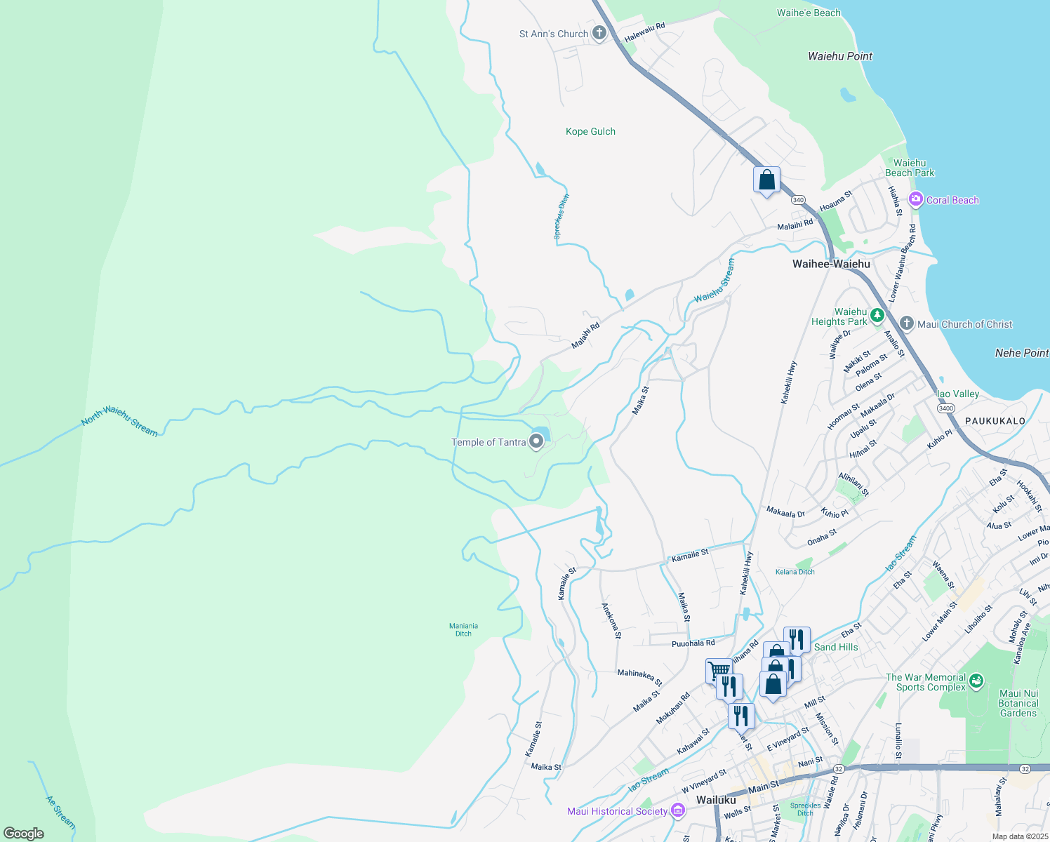 map of restaurants, bars, coffee shops, grocery stores, and more near 1400 Malaihi Road in Wailuku