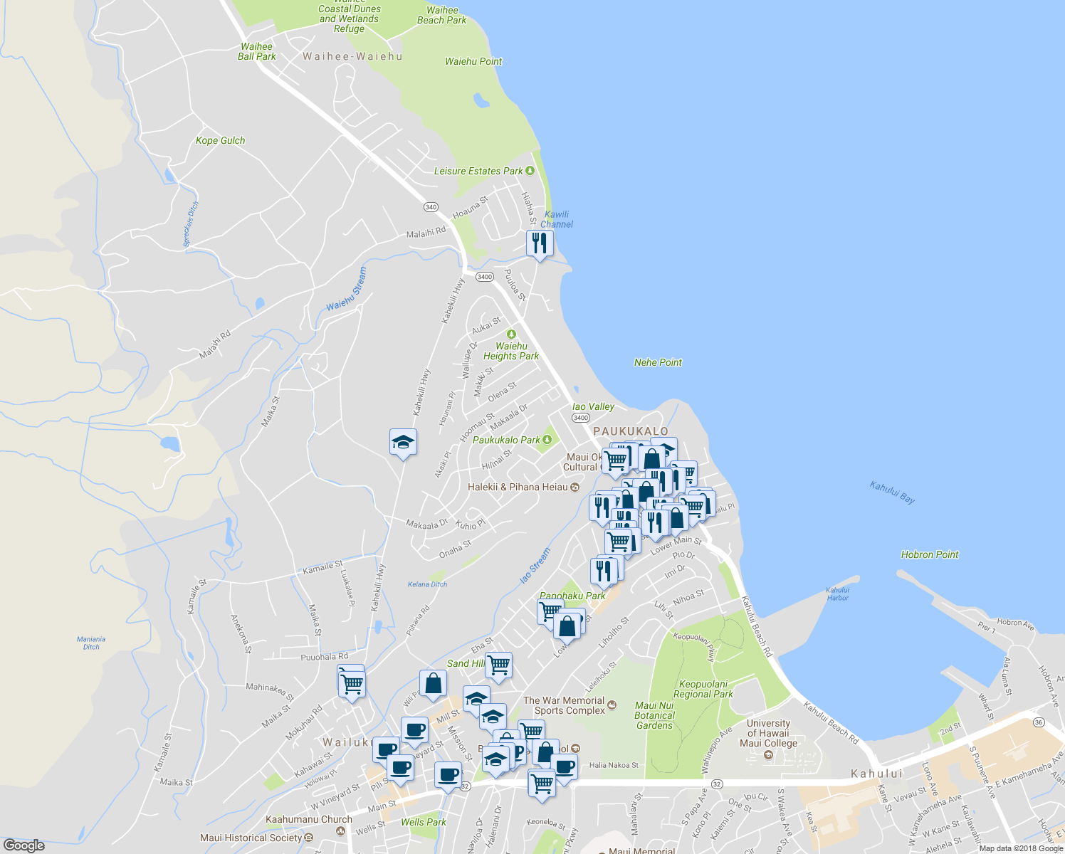 map of restaurants, bars, coffee shops, grocery stores, and more near 682 Hilinai Street in Wailuku