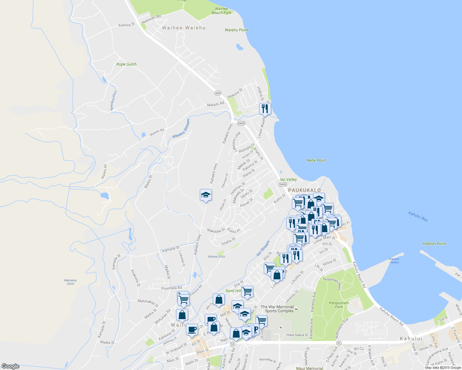 map of restaurants, bars, coffee shops, grocery stores, and more near 950 Wailupe Drive in Wailuku