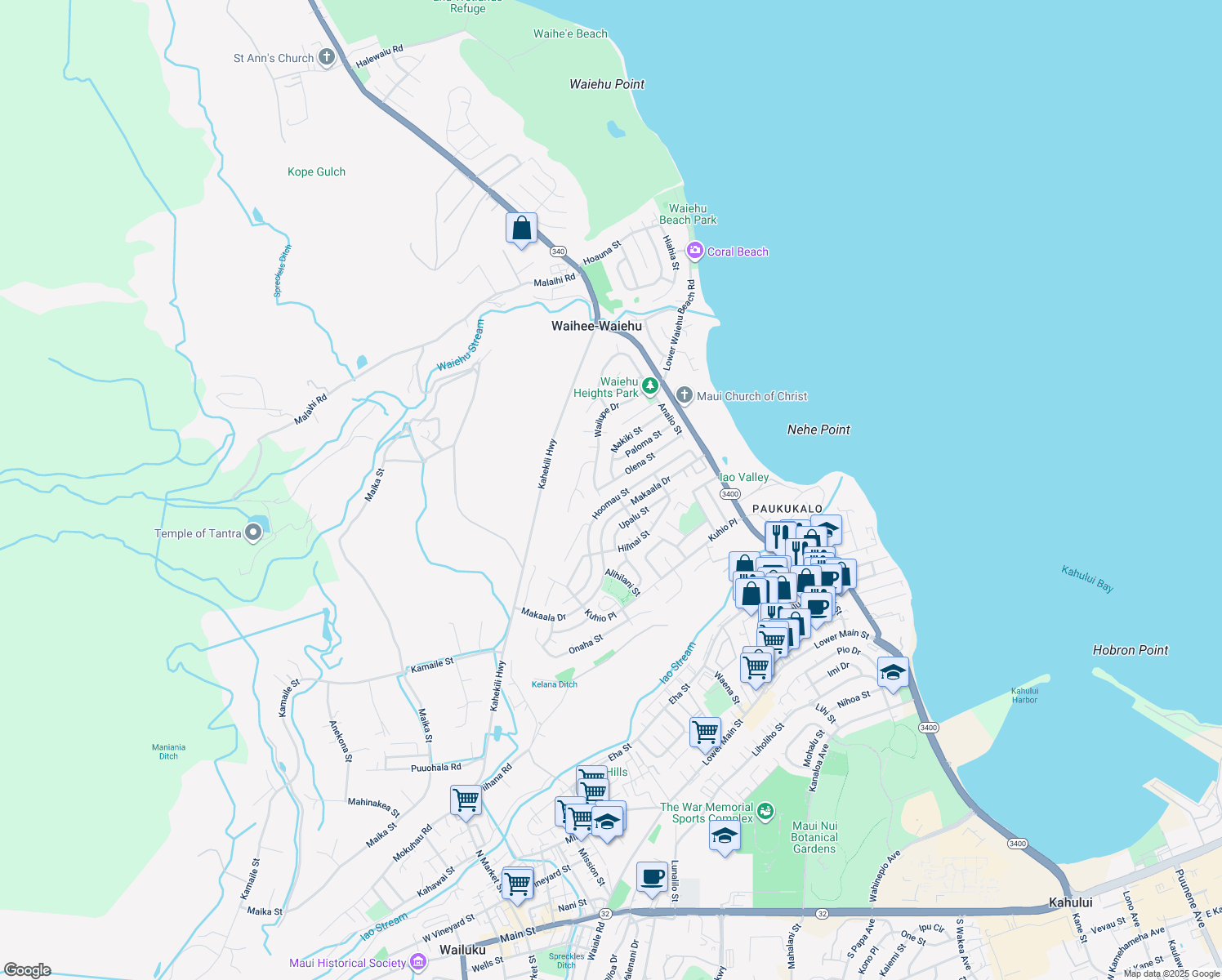 map of restaurants, bars, coffee shops, grocery stores, and more near 875 Olena Street in Wailuku
