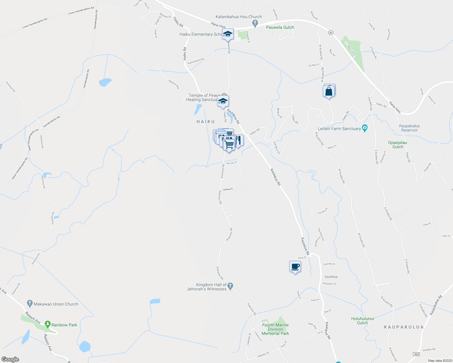 map of restaurants, bars, coffee shops, grocery stores, and more near 30 Makaio Place in Haiku-Pauwela