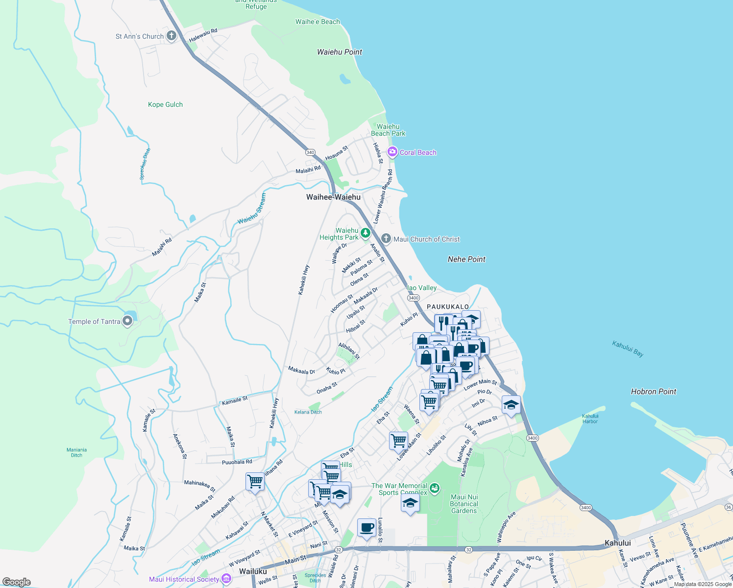 map of restaurants, bars, coffee shops, grocery stores, and more near 818 Makaala Drive in Wailuku