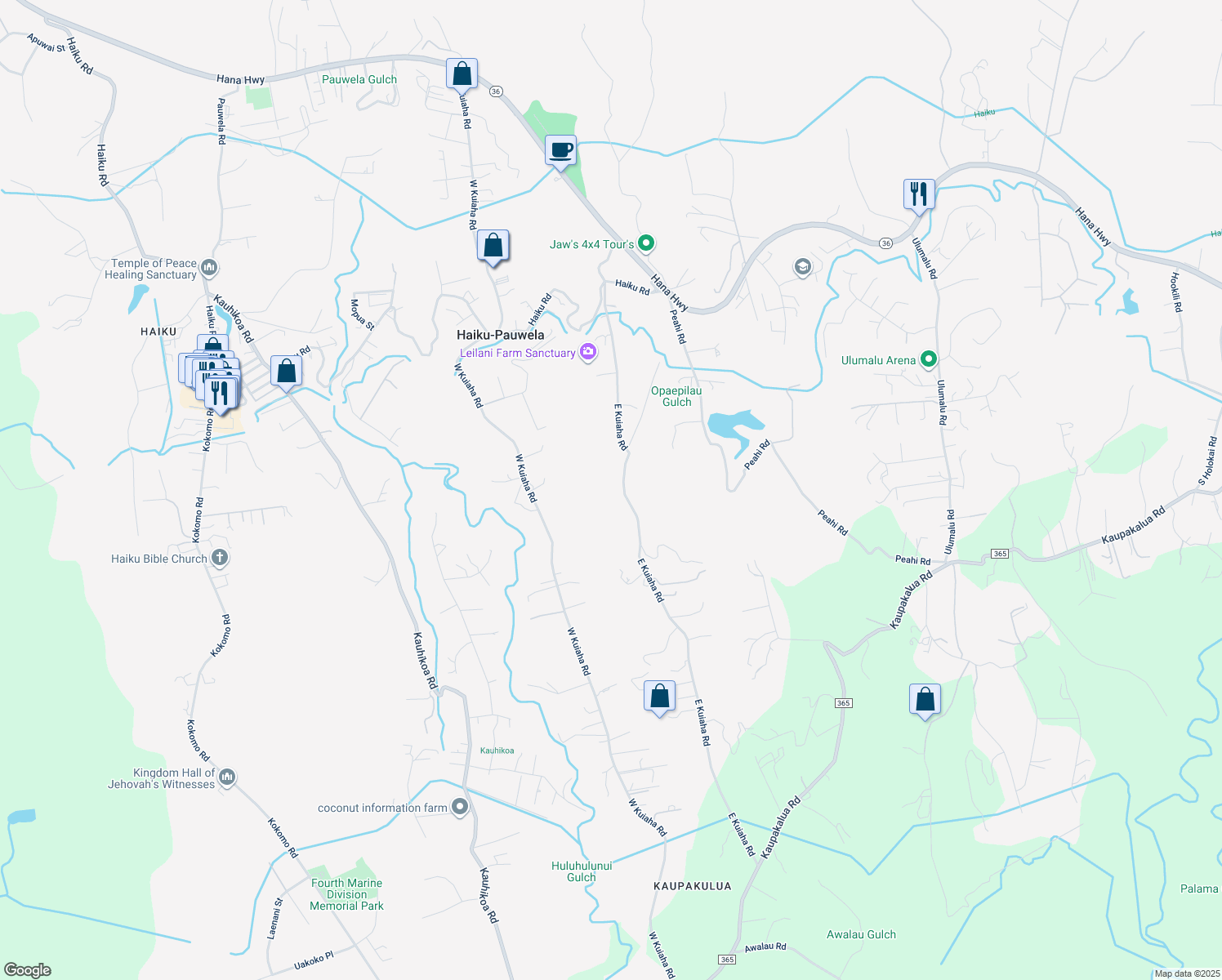 map of restaurants, bars, coffee shops, grocery stores, and more near 480 East Kuiaha Road in Haiku-Pauwela