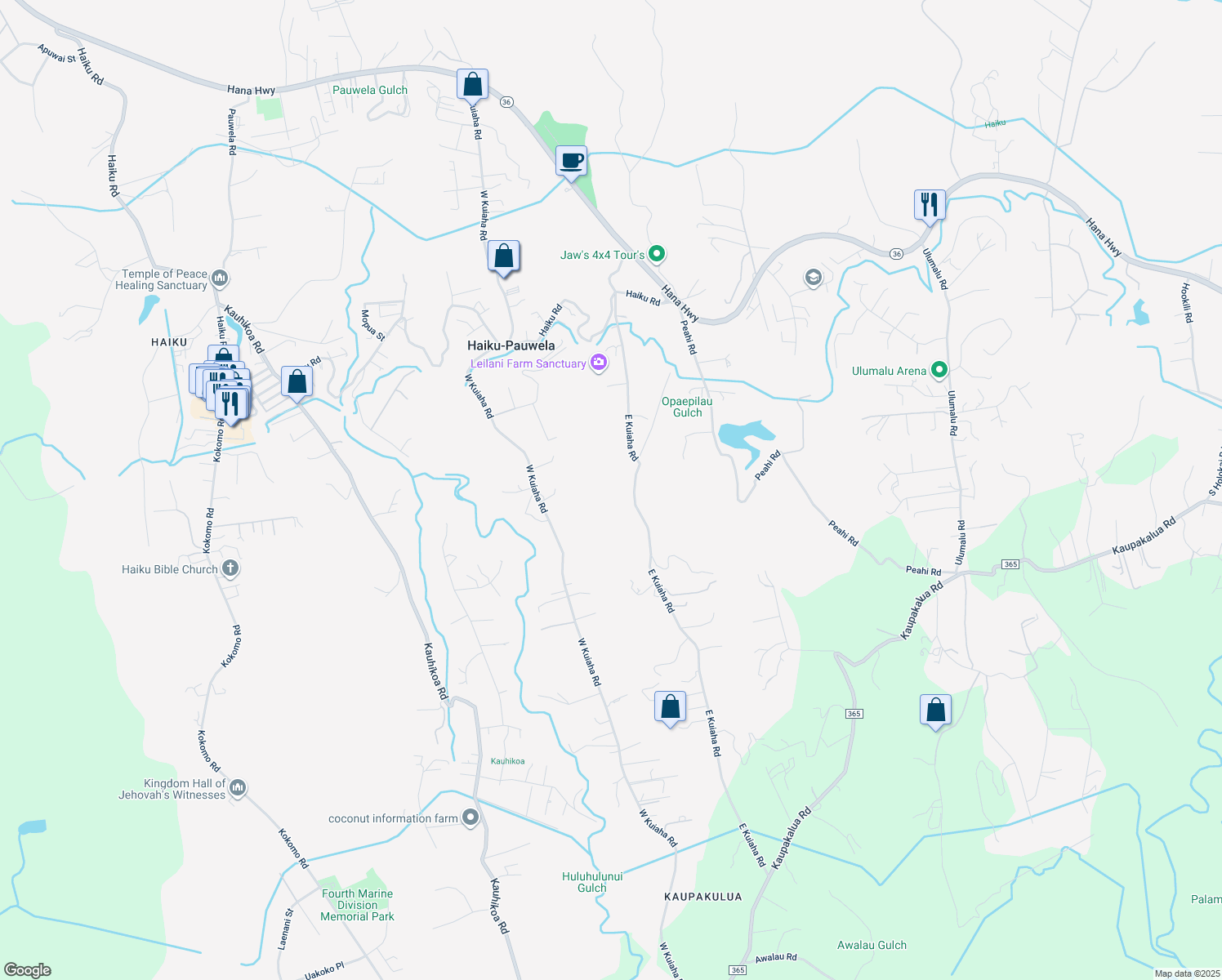 map of restaurants, bars, coffee shops, grocery stores, and more near 480 East Kuiaha Road in Haiku-Pauwela
