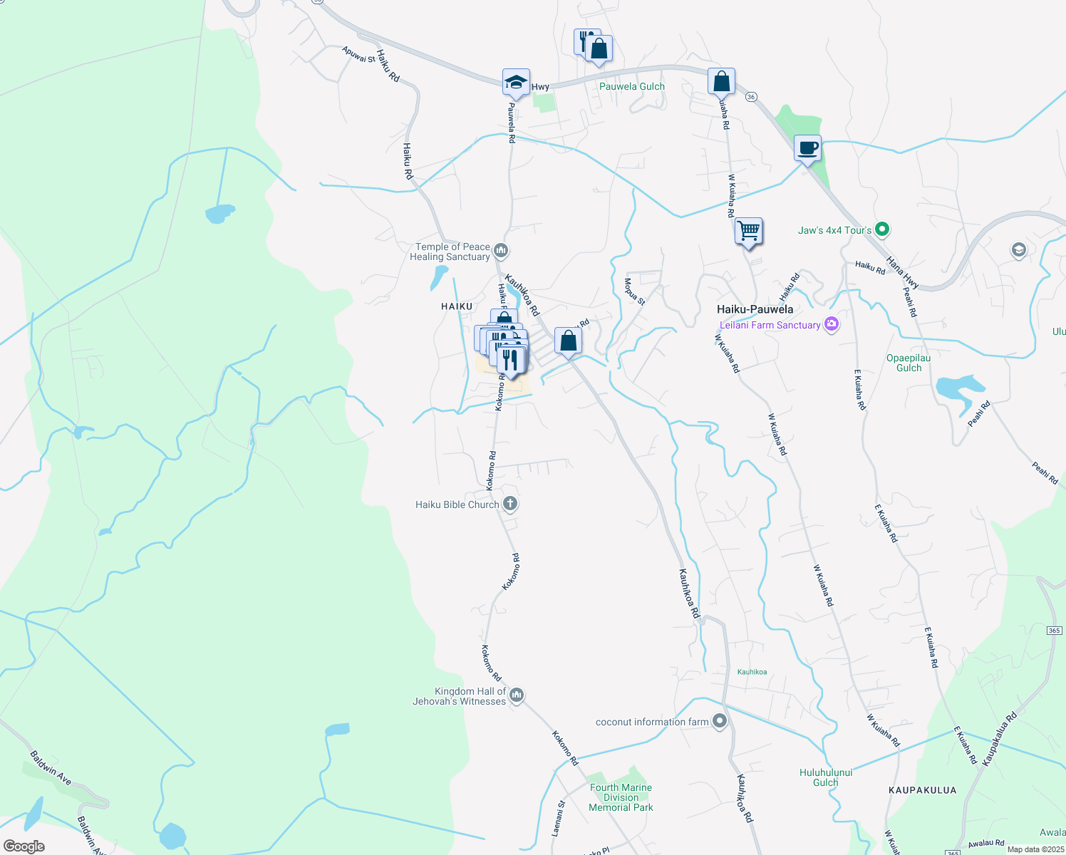 map of restaurants, bars, coffee shops, grocery stores, and more near 949 Akoa Place in Haiku-Pauwela