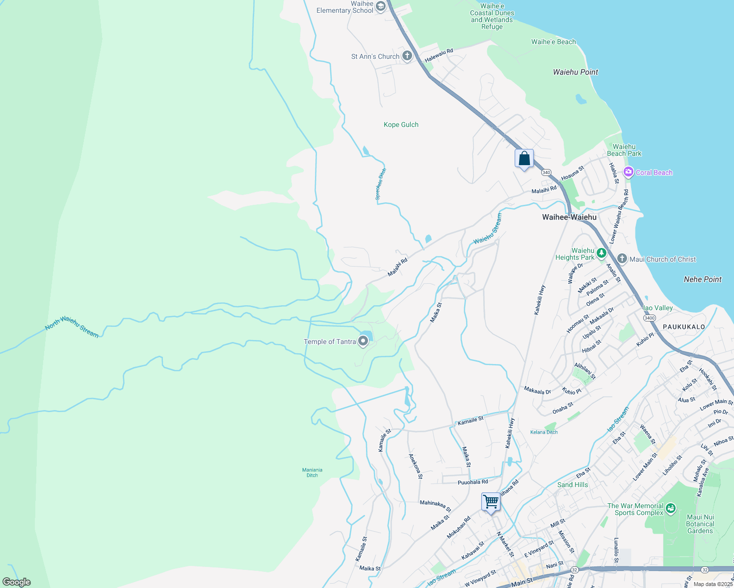 map of restaurants, bars, coffee shops, grocery stores, and more near 1368 Malaihi Road in Wailuku