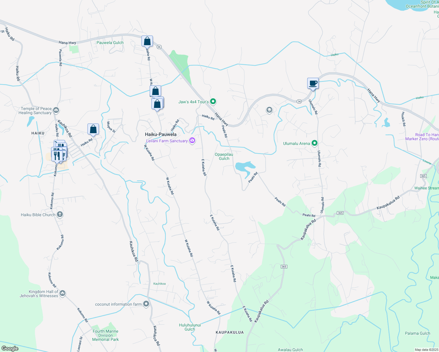 map of restaurants, bars, coffee shops, grocery stores, and more near 75 Aloha Aina Place in Haiku-Pauwela
