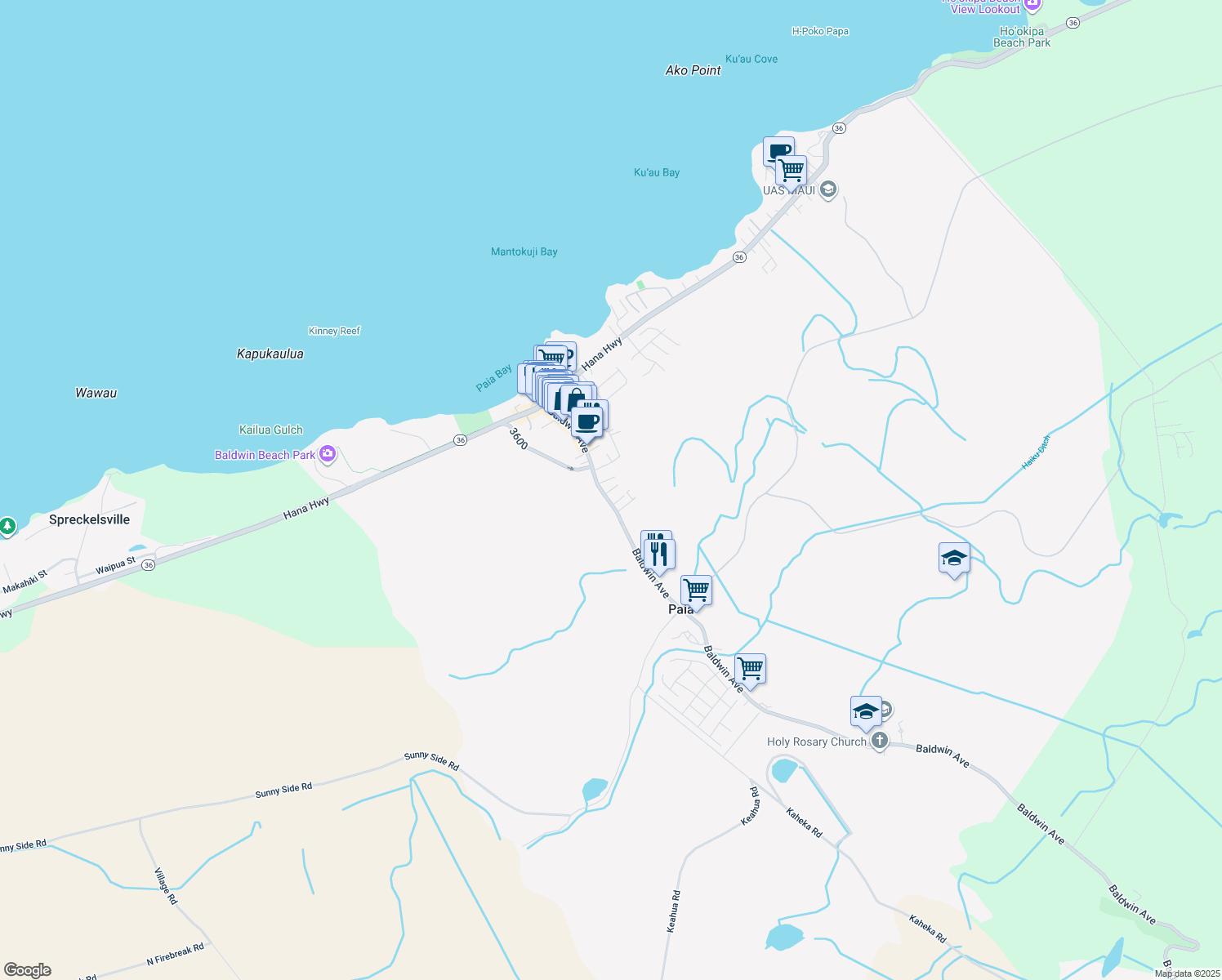 map of restaurants, bars, coffee shops, grocery stores, and more near 25 Panini Place in Paia