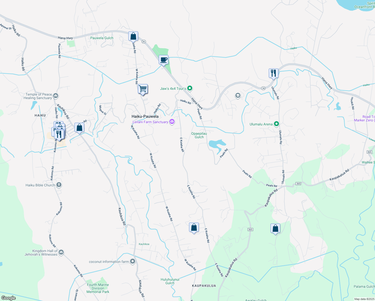 map of restaurants, bars, coffee shops, grocery stores, and more near 20 Waipuhia Place in Haiku-Pauwela