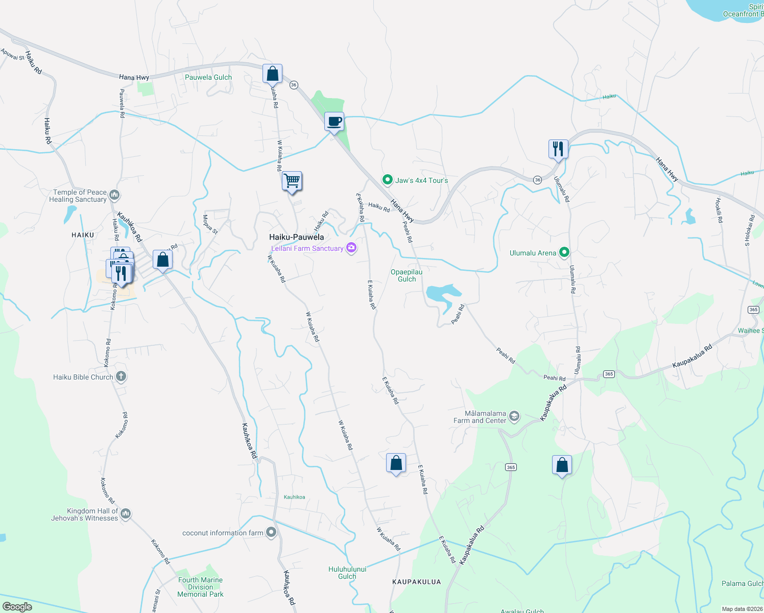 map of restaurants, bars, coffee shops, grocery stores, and more near 38 Waipuhia Place in Haiku-Pauwela