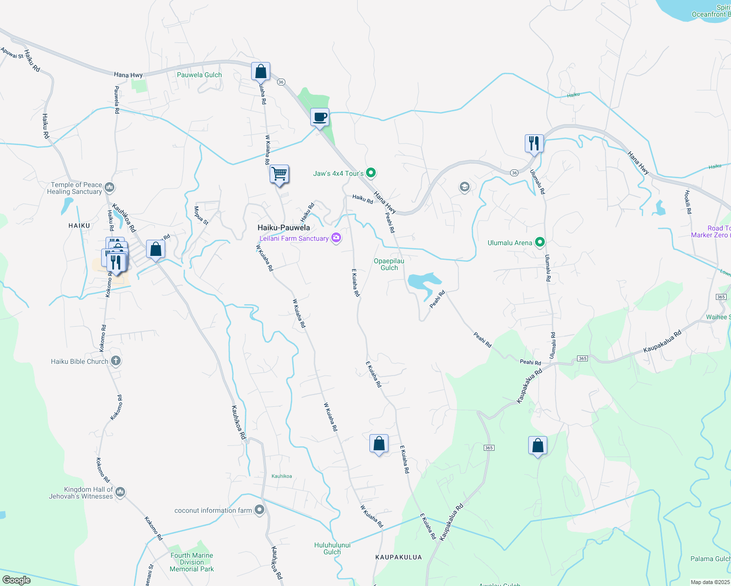 map of restaurants, bars, coffee shops, grocery stores, and more near 20 Waipuhia Place in Haiku-Pauwela