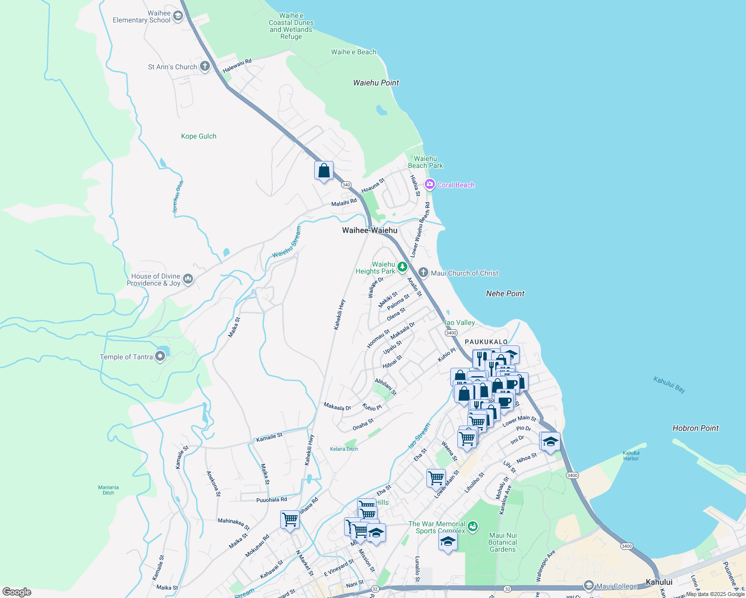 map of restaurants, bars, coffee shops, grocery stores, and more near 855 Wailupe Drive in Wailuku