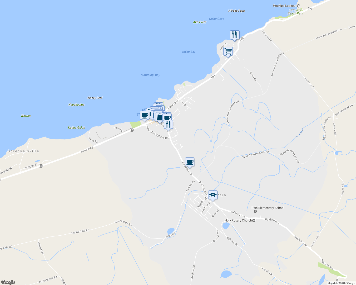 map of restaurants, bars, coffee shops, grocery stores, and more near 30 Nihi Place in Paia