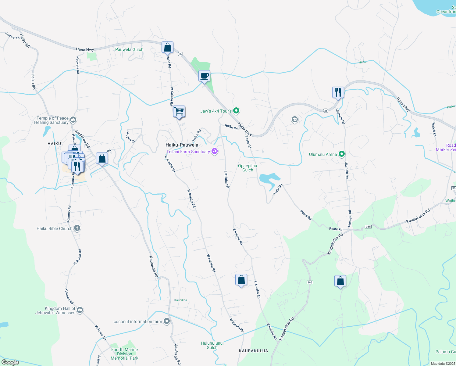 map of restaurants, bars, coffee shops, grocery stores, and more near 405 East Kuiaha Road in Haiku-Pauwela