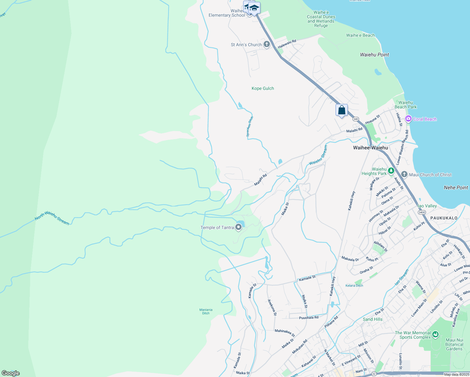 map of restaurants, bars, coffee shops, grocery stores, and more near Malaihi Road in Maui County