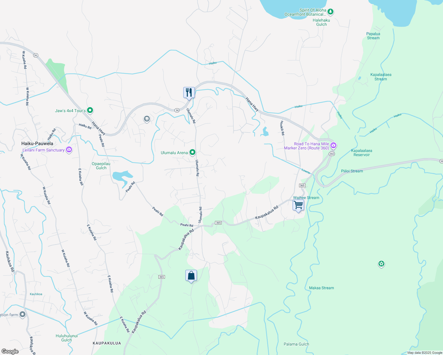 map of restaurants, bars, coffee shops, grocery stores, and more near 385 Puu Way in Haiku-Pauwela