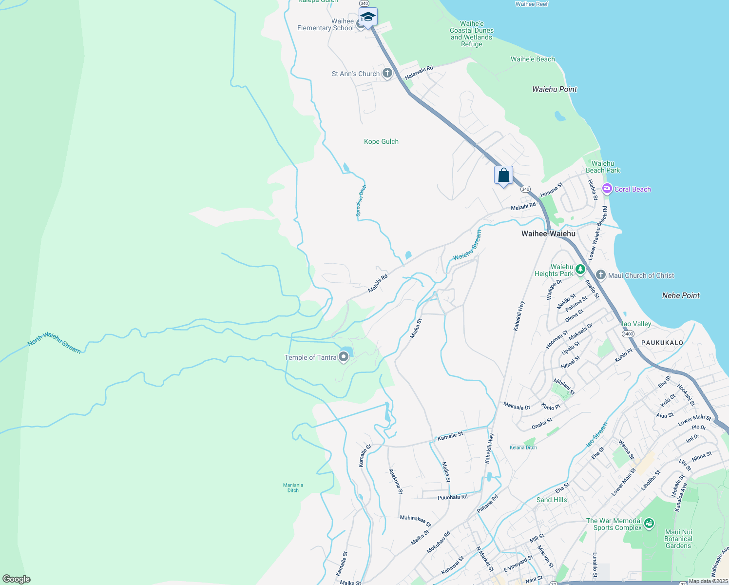 map of restaurants, bars, coffee shops, grocery stores, and more near 1310 Malaihi Road in Wailuku