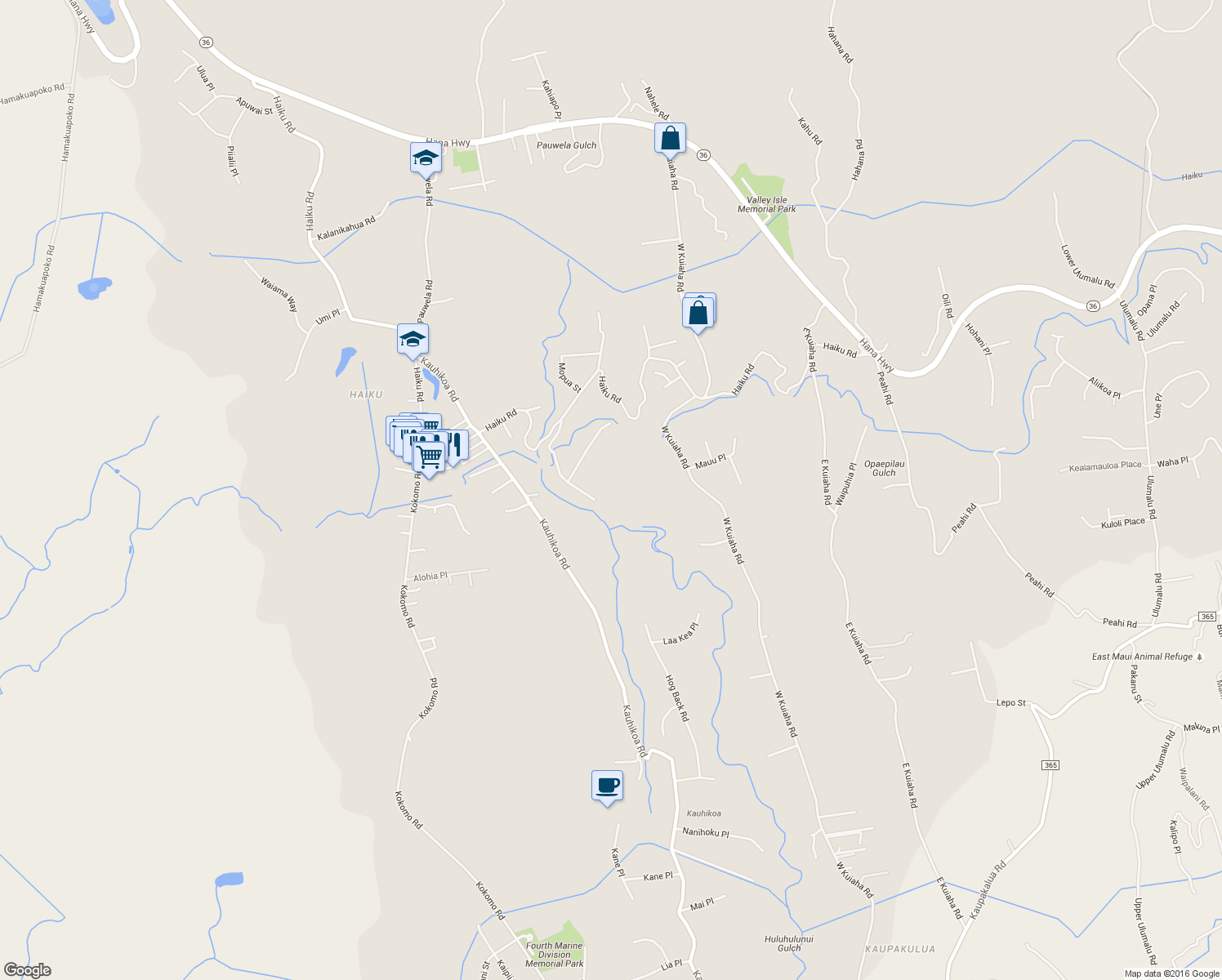 map of restaurants, bars, coffee shops, grocery stores, and more near 999 Hog Back Road in Haiku-Pauwela