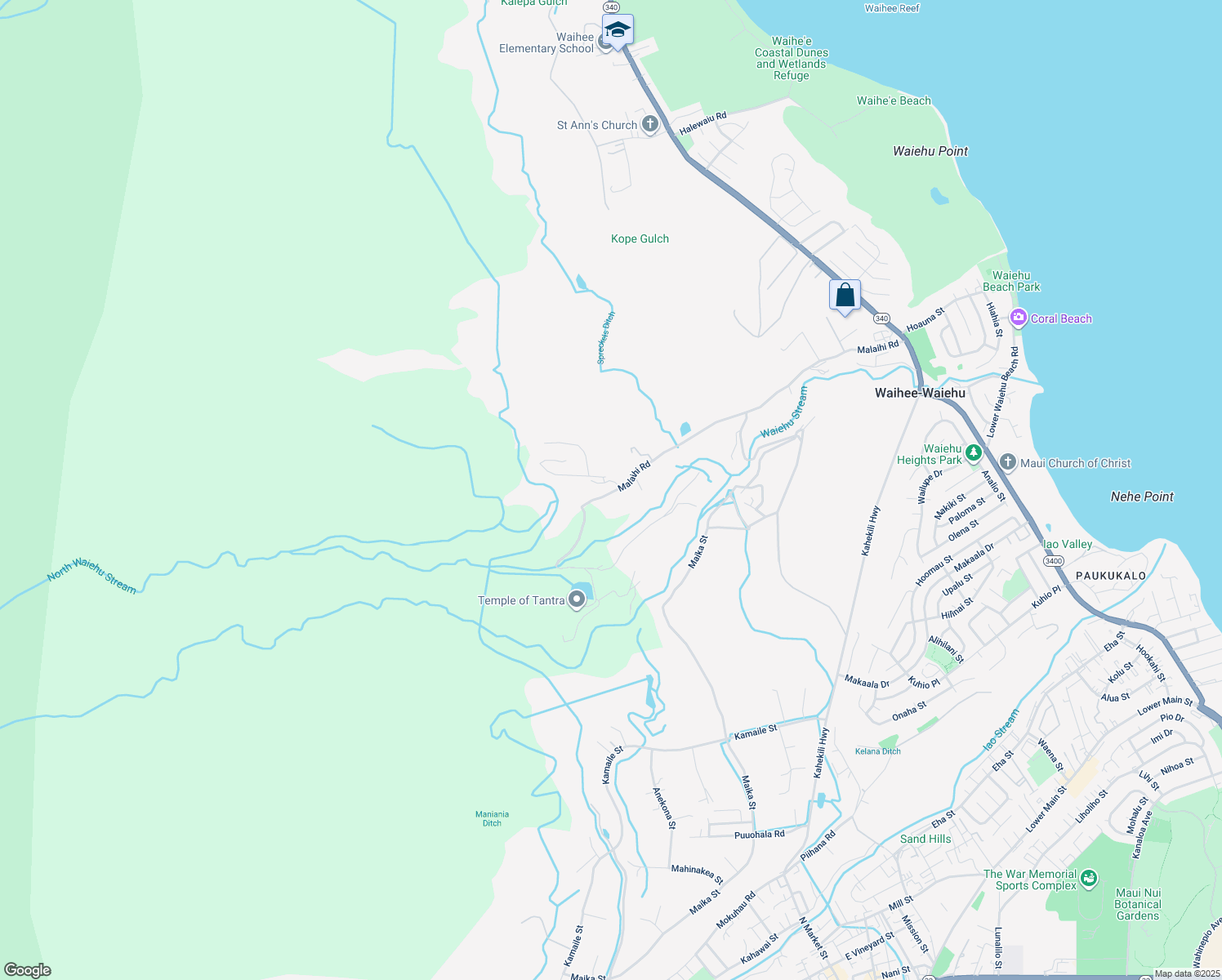 map of restaurants, bars, coffee shops, grocery stores, and more near 1368 Malaihi Road in Wailuku