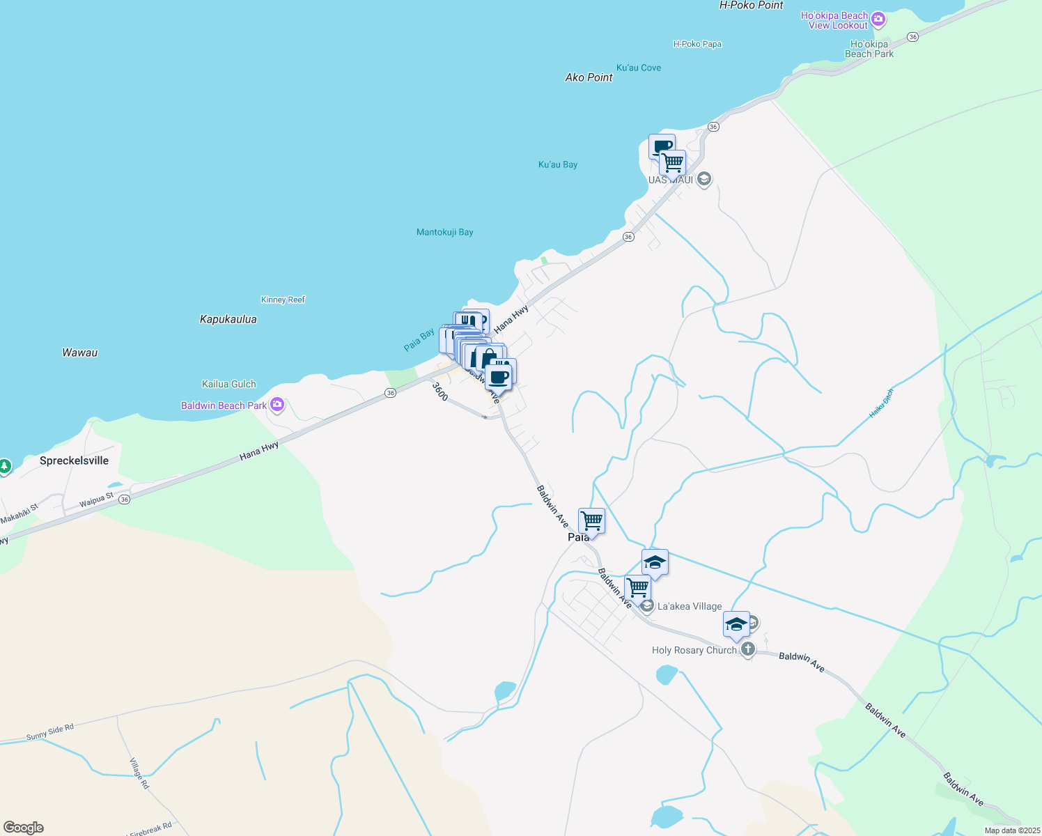 map of restaurants, bars, coffee shops, grocery stores, and more near 32 Ulumau Place in Paia