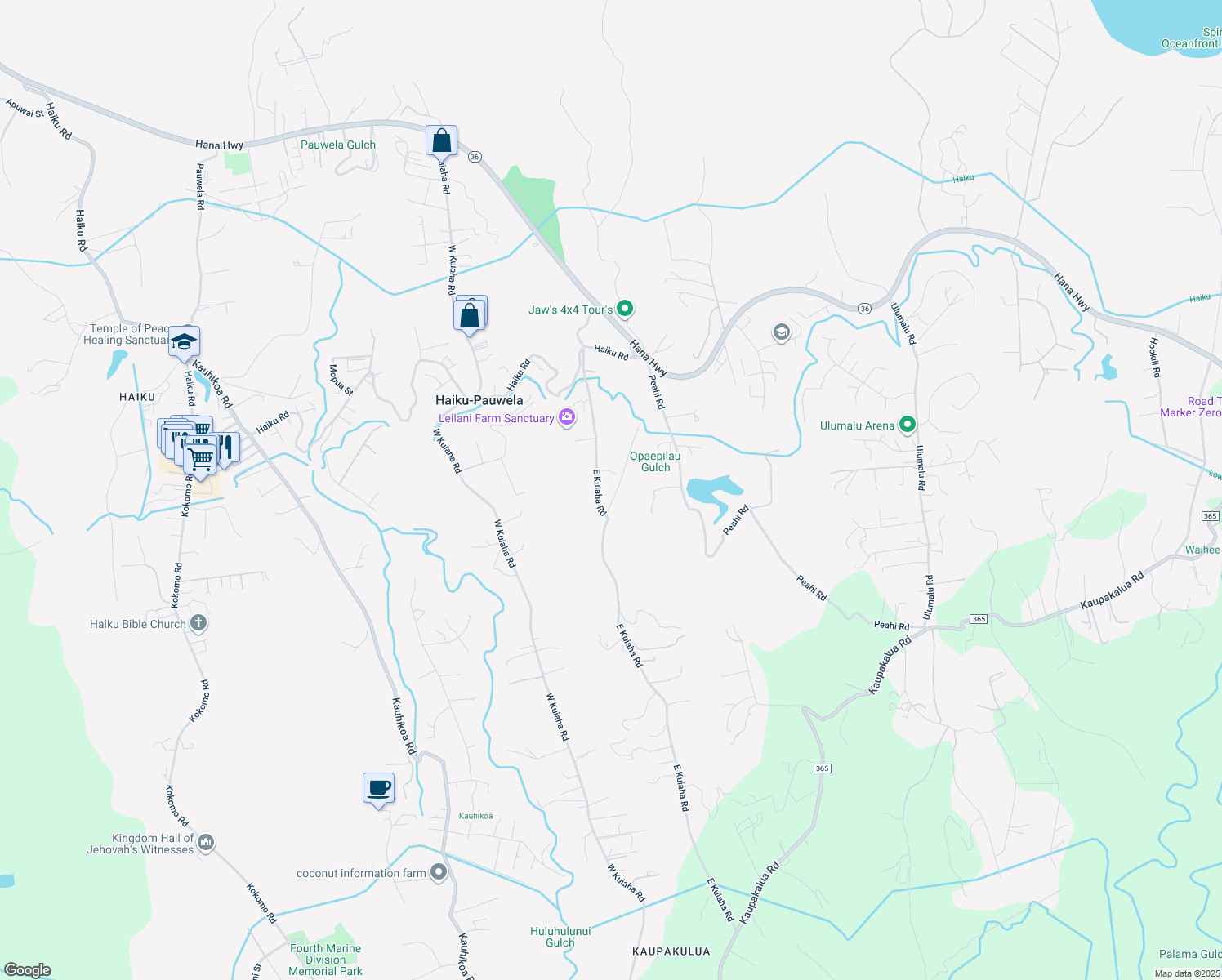 map of restaurants, bars, coffee shops, grocery stores, and more near 405 East Kuiaha Road in Haiku-Pauwela