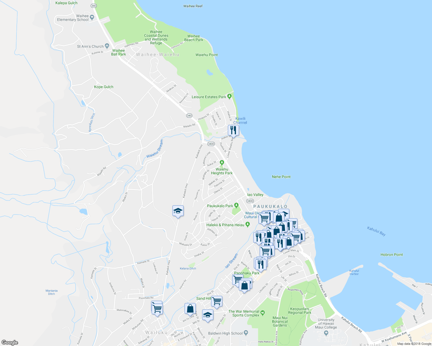 map of restaurants, bars, coffee shops, grocery stores, and more near 770 Kolani Place in Wailuku