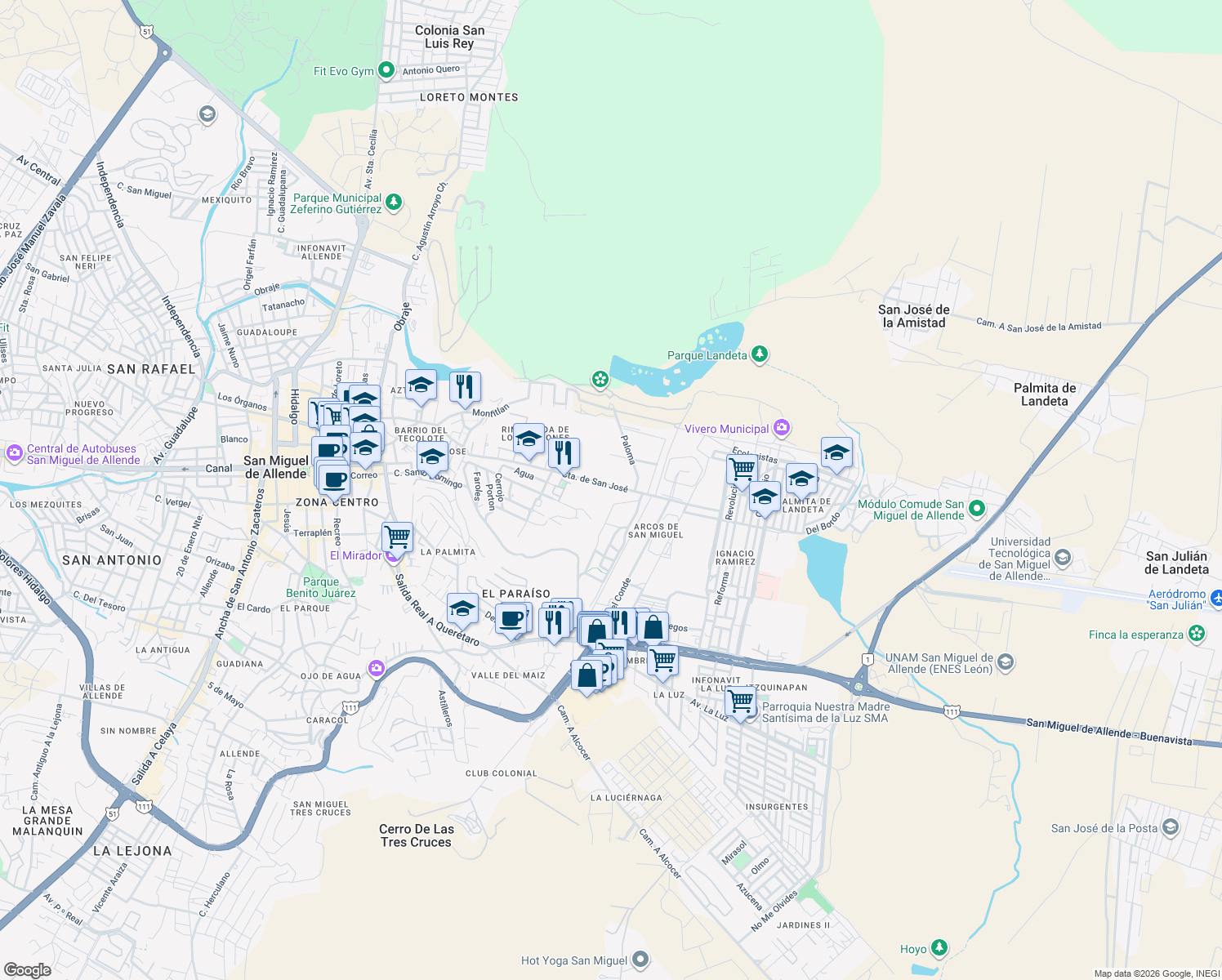 map of restaurants, bars, coffee shops, grocery stores, and more near 87 Camino Antiguo Real de Querétaro in San Miguel de Allende