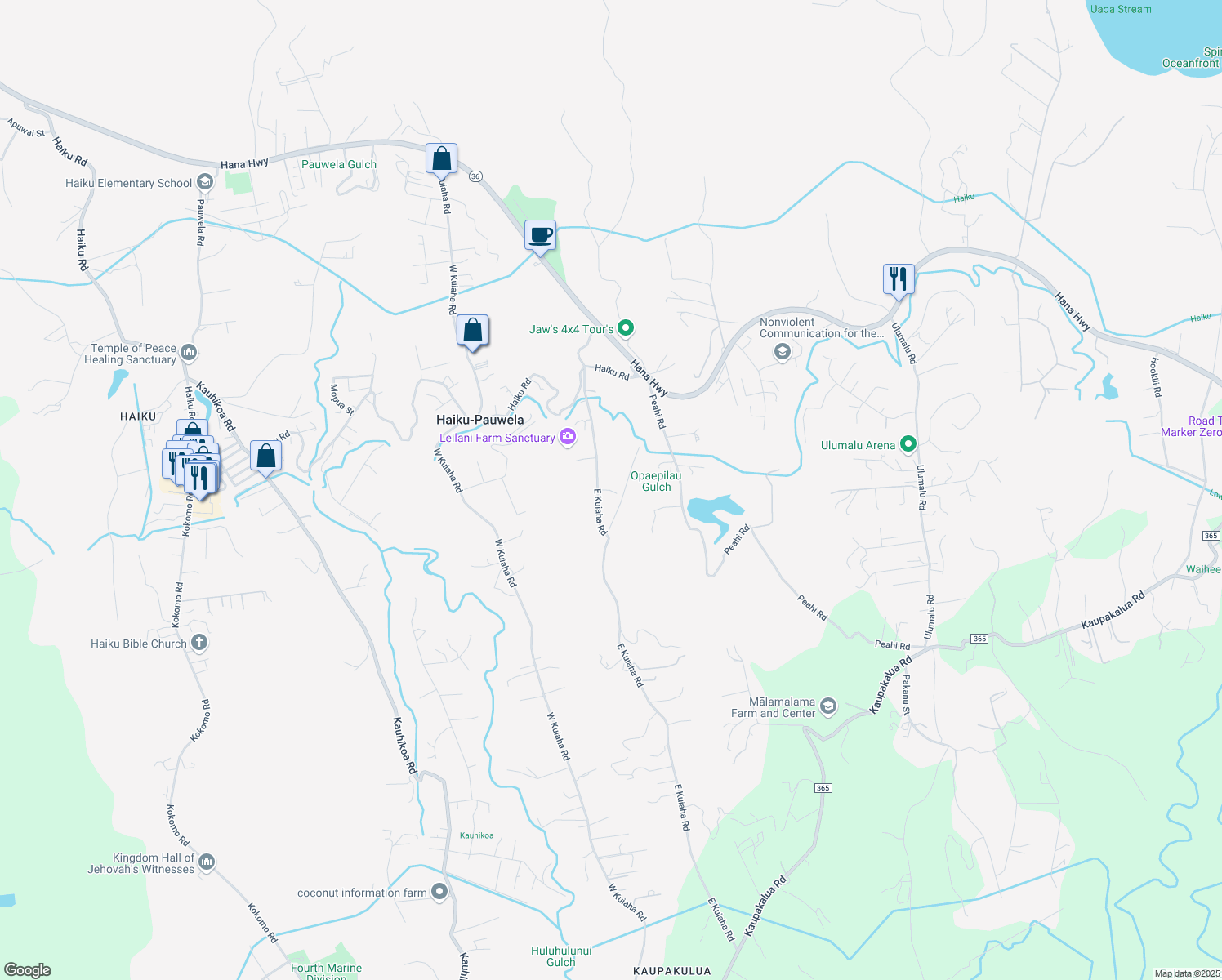 map of restaurants, bars, coffee shops, grocery stores, and more near 385 East Kuiaha Road in Haiku-Pauwela