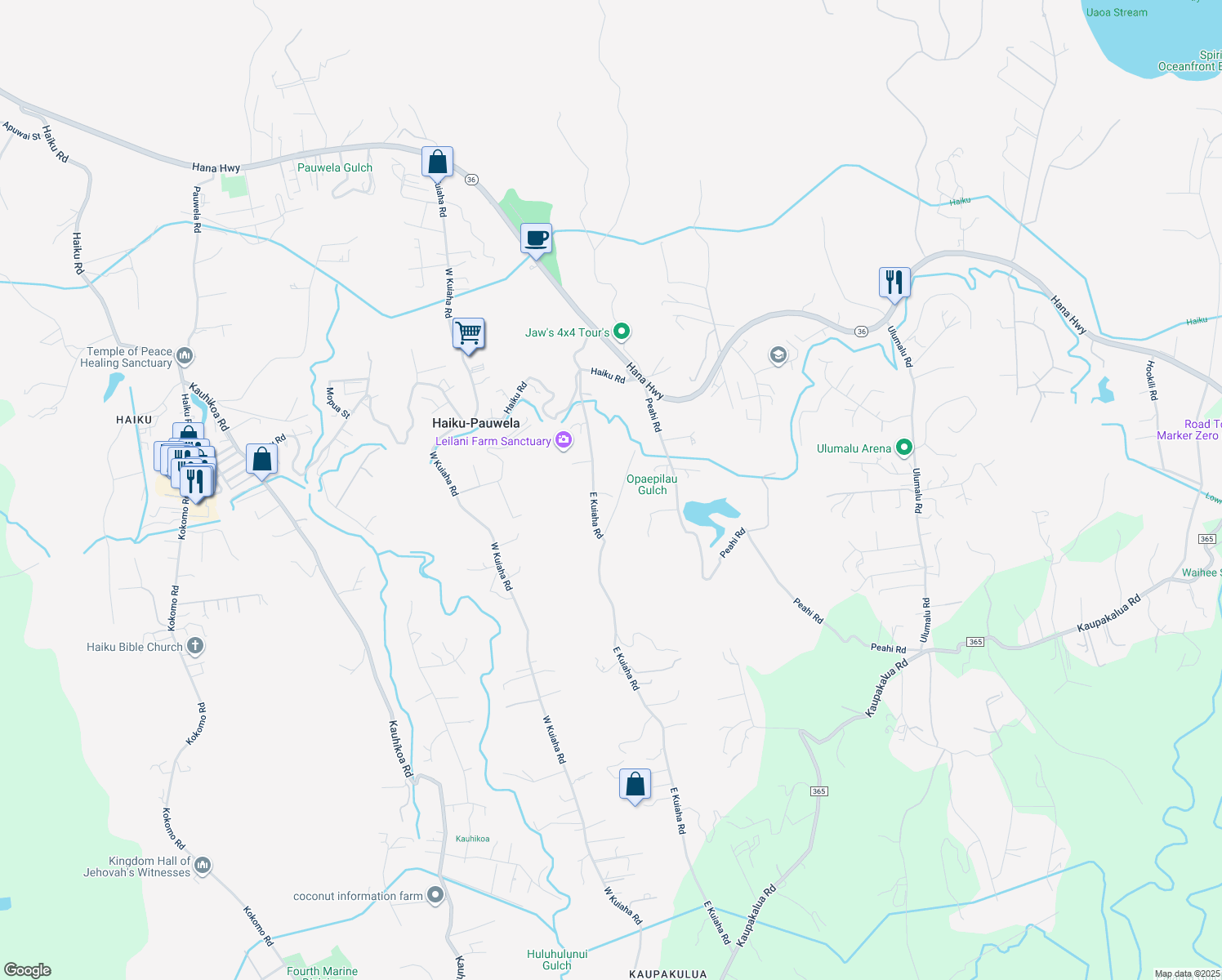 map of restaurants, bars, coffee shops, grocery stores, and more near 385 East Kuiaha Road in Haiku-Pauwela