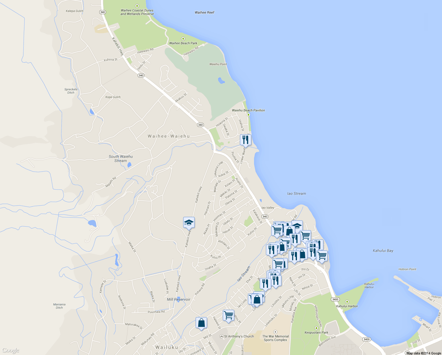 map of restaurants, bars, coffee shops, grocery stores, and more near 771 Aukai Street in Wailuku