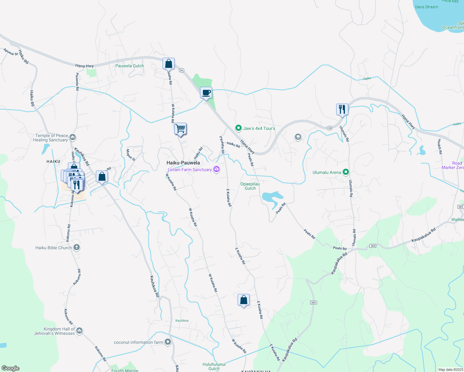 map of restaurants, bars, coffee shops, grocery stores, and more near 365 East Kuiaha Road in Haiku-Pauwela