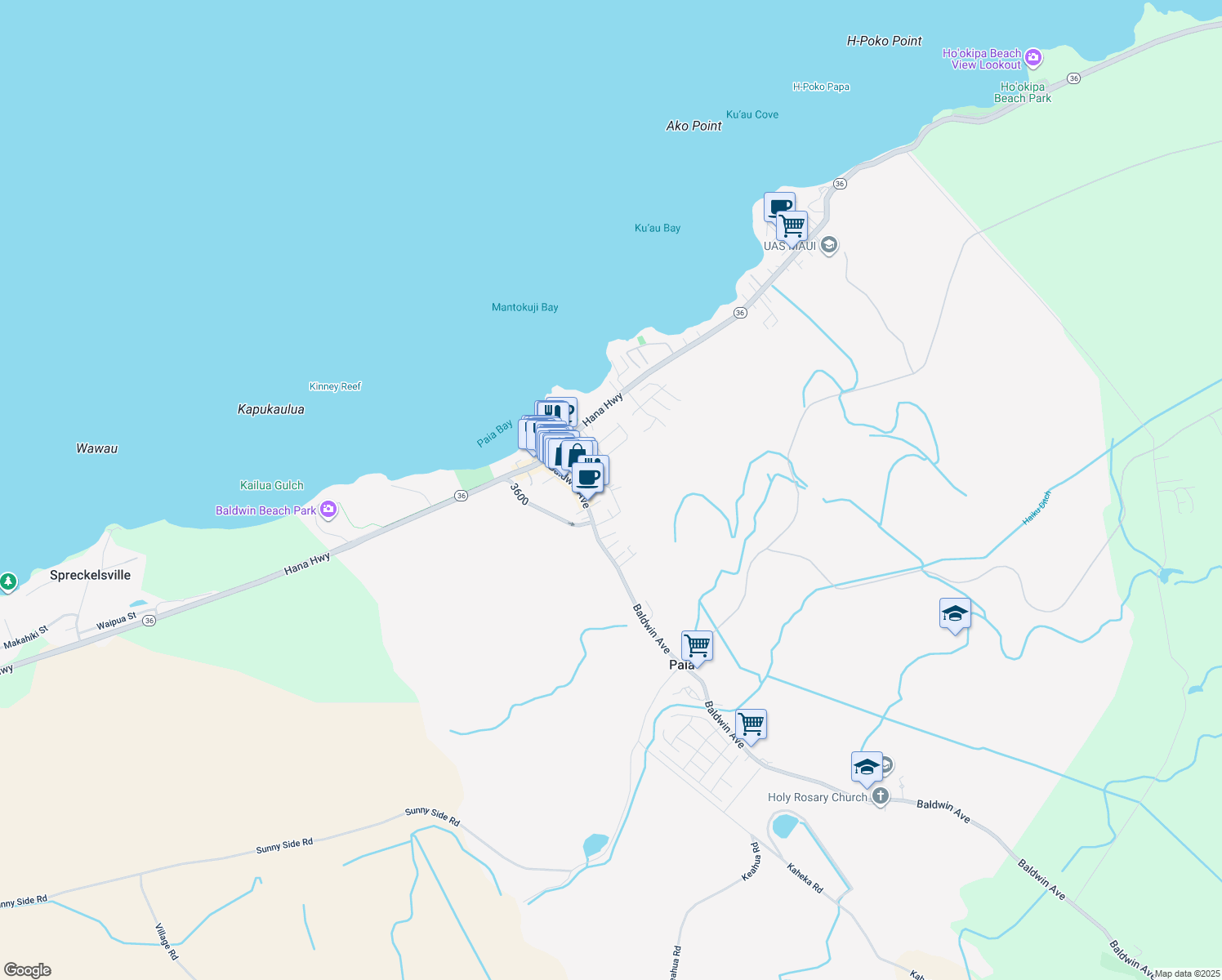 map of restaurants, bars, coffee shops, grocery stores, and more near 118 Ulumau Place in Paia