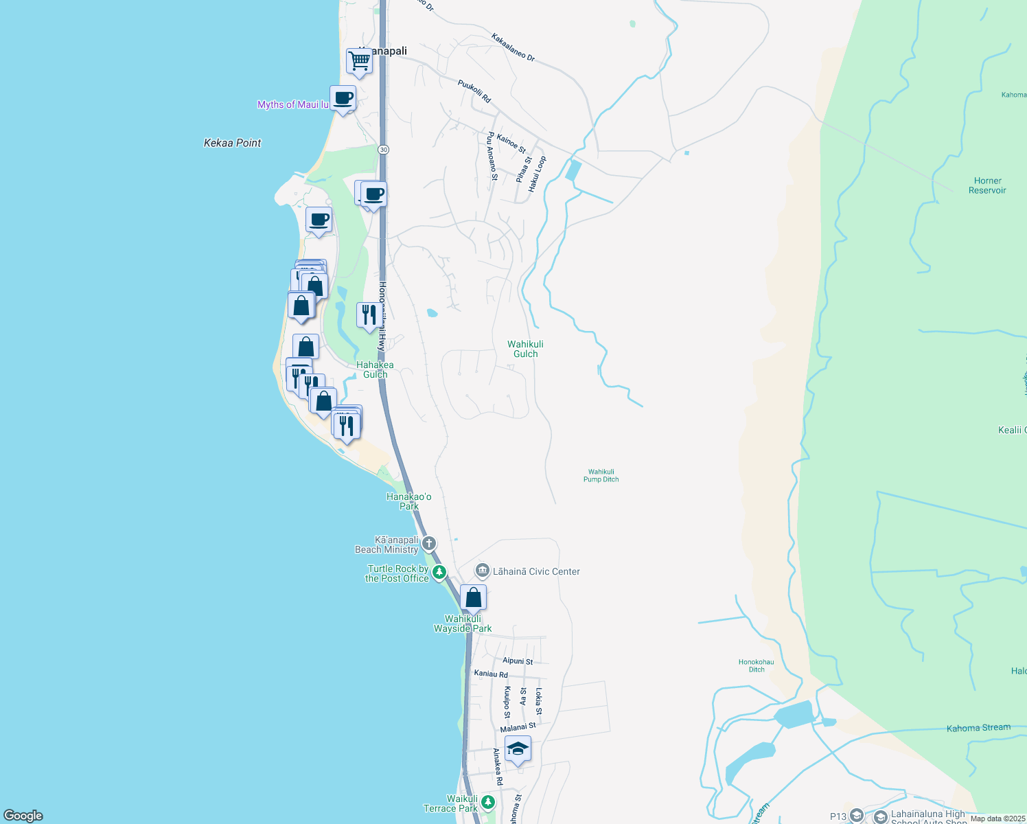 map of restaurants, bars, coffee shops, grocery stores, and more near 70 Lewa Lani Place in Lahaina