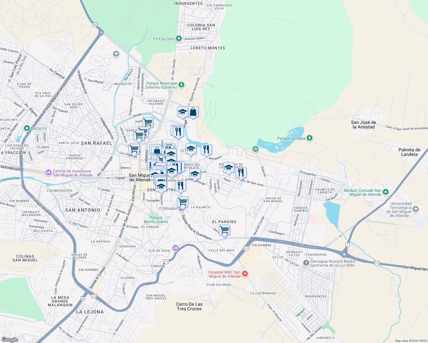 map of restaurants, bars, coffee shops, grocery stores, and more near 4 Antiguo Camino Real a Querétaro in San Miguel de Allende