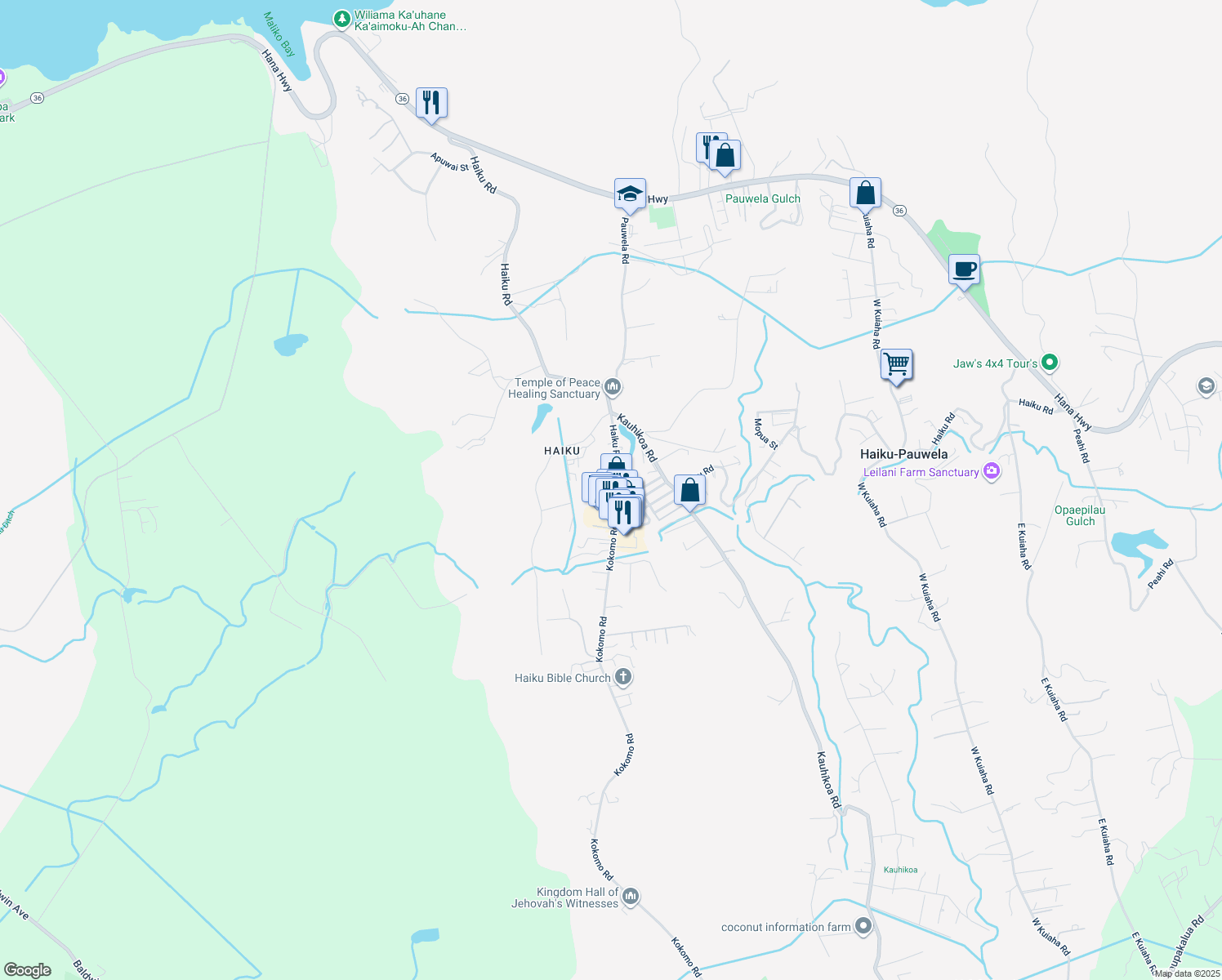 map of restaurants, bars, coffee shops, grocery stores, and more near 740 Haiku Road in Haiku-Pauwela