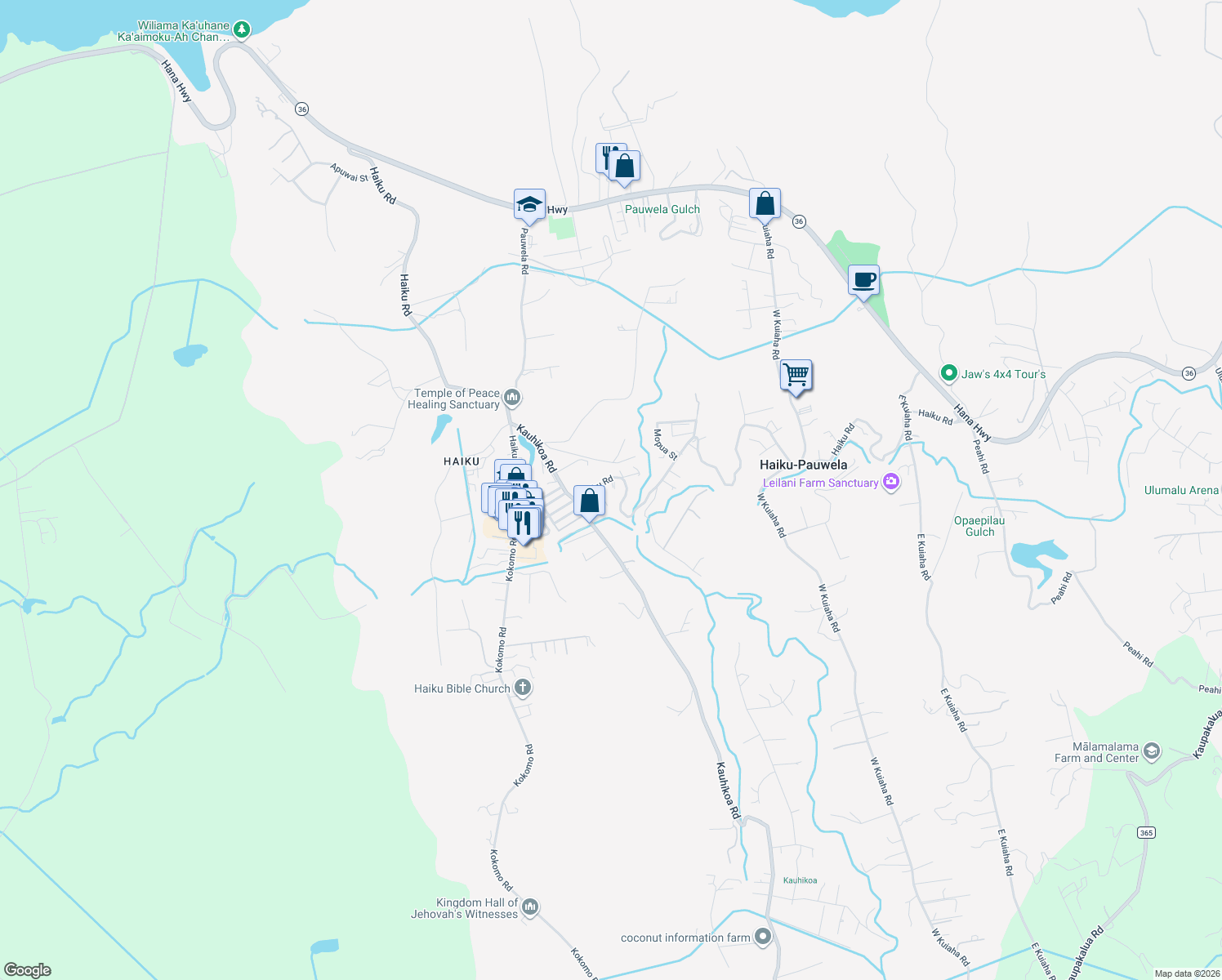 map of restaurants, bars, coffee shops, grocery stores, and more near 1074 Haiku Road in Haiku-Pauwela
