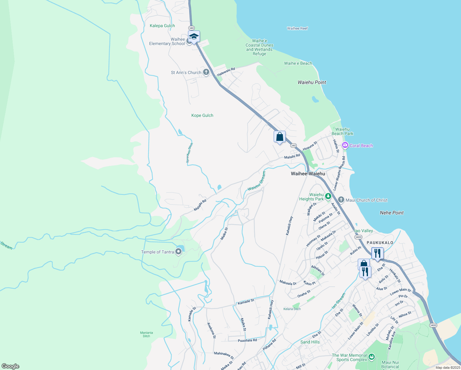 map of restaurants, bars, coffee shops, grocery stores, and more near Malaihi Road in Maui County