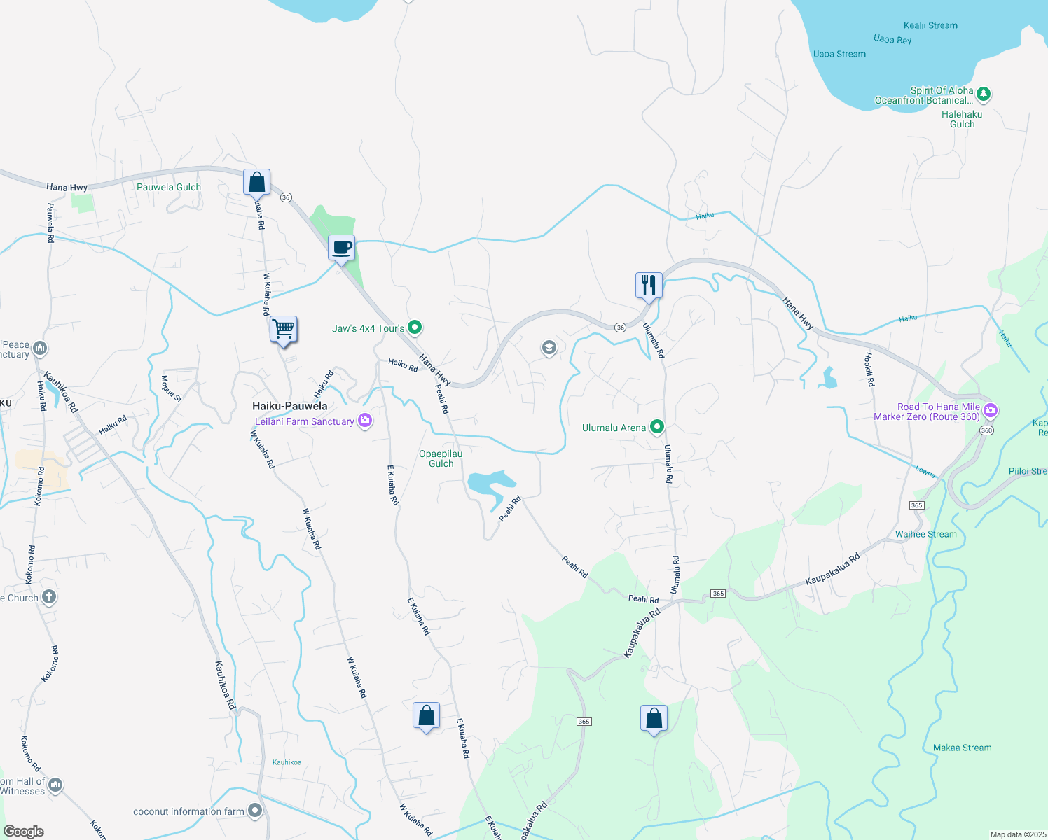 map of restaurants, bars, coffee shops, grocery stores, and more near 160 Hohani Place in Haiku-Pauwela