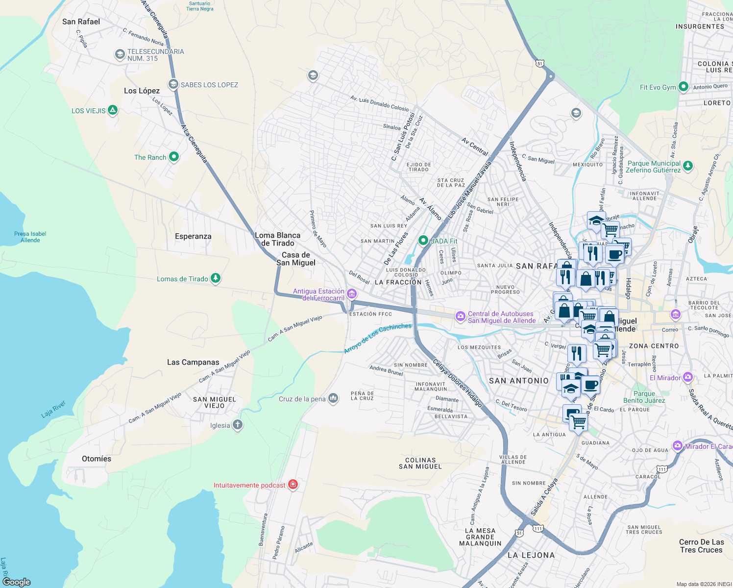 map of restaurants, bars, coffee shops, grocery stores, and more near 19 Camino Real a La Estación in San Miguel de Allende