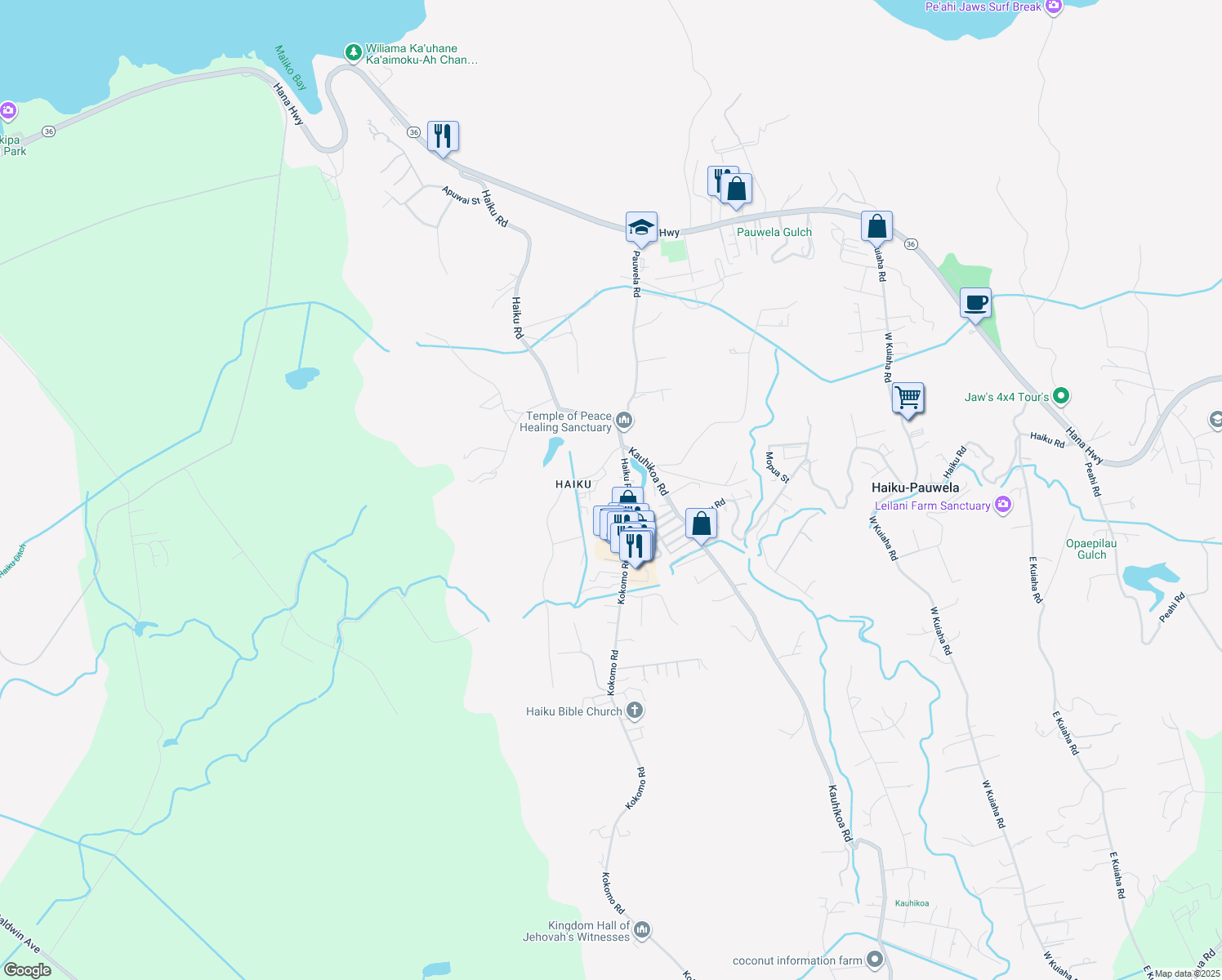 map of restaurants, bars, coffee shops, grocery stores, and more near 22 Laupapa Place in Haiku-Pauwela