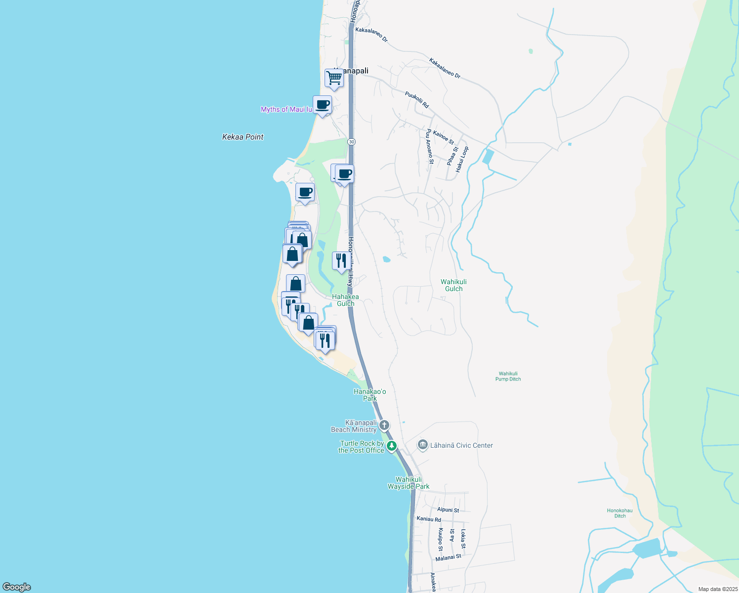 map of restaurants, bars, coffee shops, grocery stores, and more near 19 Holomakani Place in Lahaina