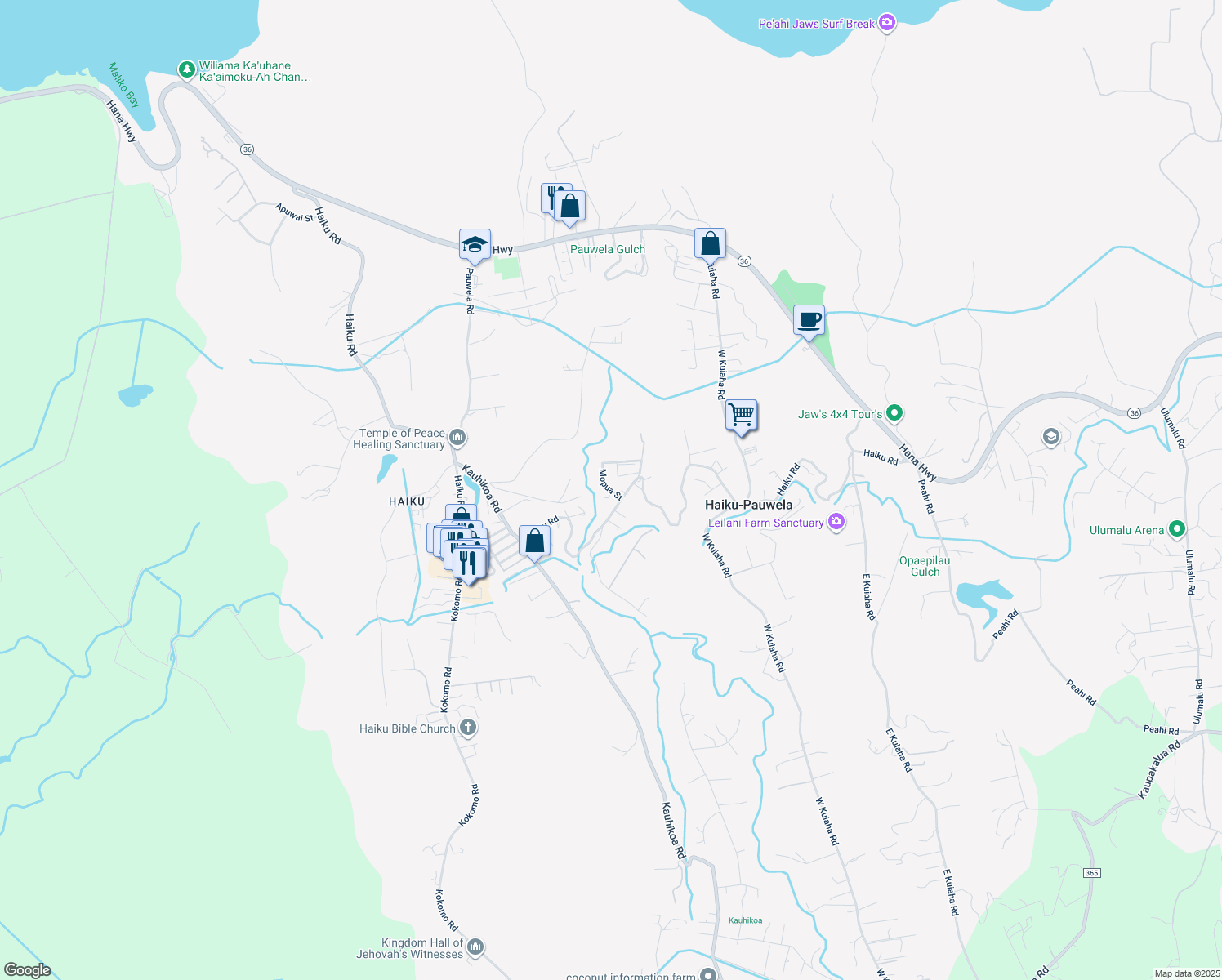 map of restaurants, bars, coffee shops, grocery stores, and more near 779 Mopua Street in Haiku-Pauwela