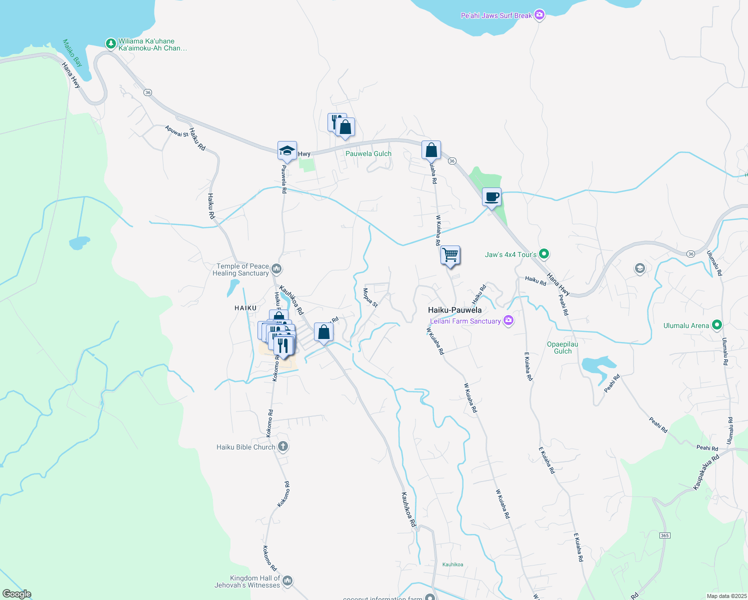 map of restaurants, bars, coffee shops, grocery stores, and more near 1335 Haiku Road in Haiku-Pauwela