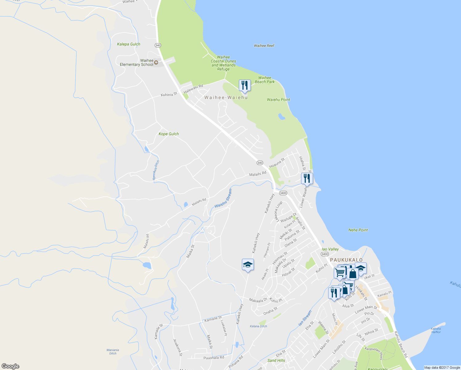 map of restaurants, bars, coffee shops, grocery stores, and more near 895 Malaihi Road in Wailuku