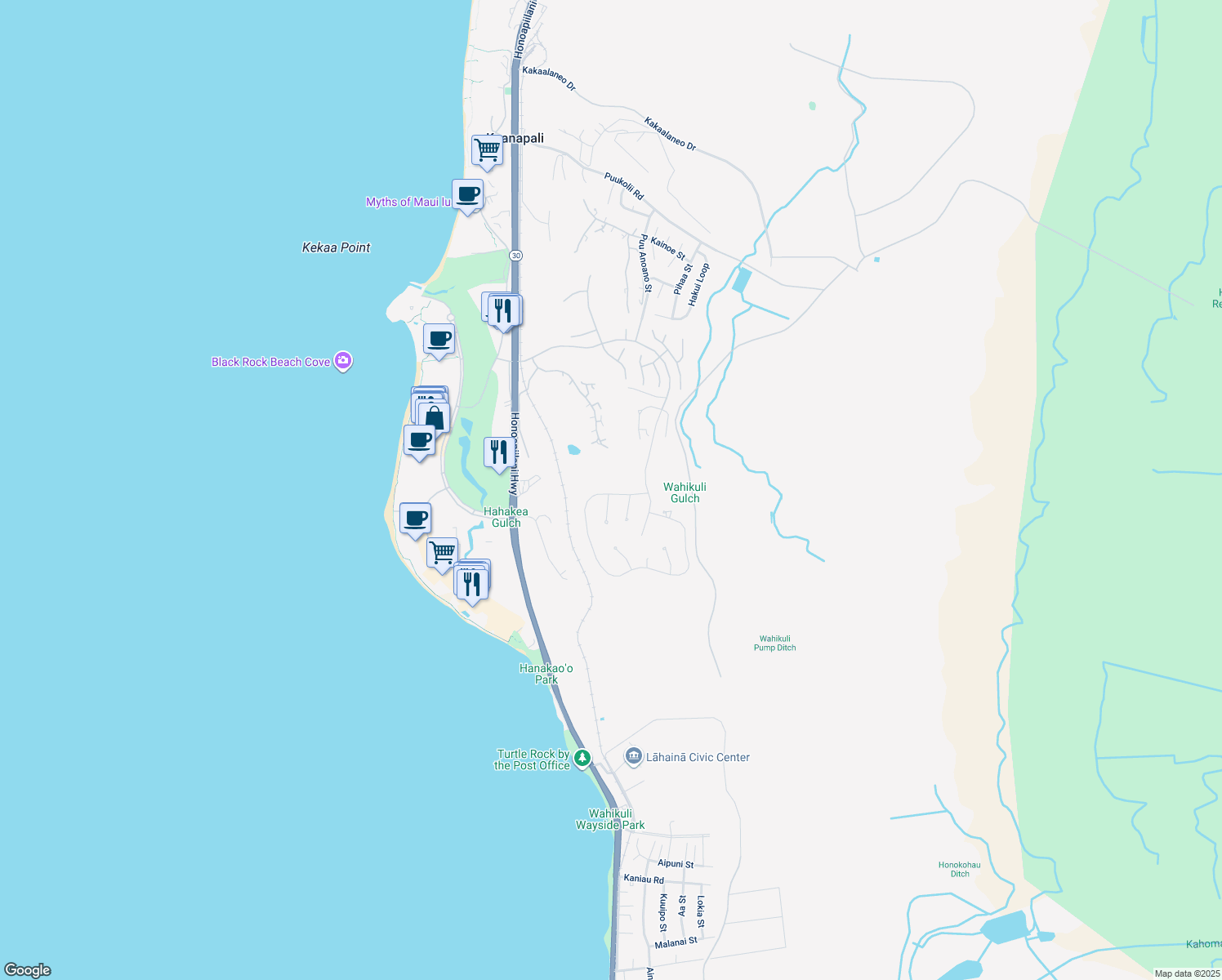 map of restaurants, bars, coffee shops, grocery stores, and more near 84 Anapuni Loop in Lahaina