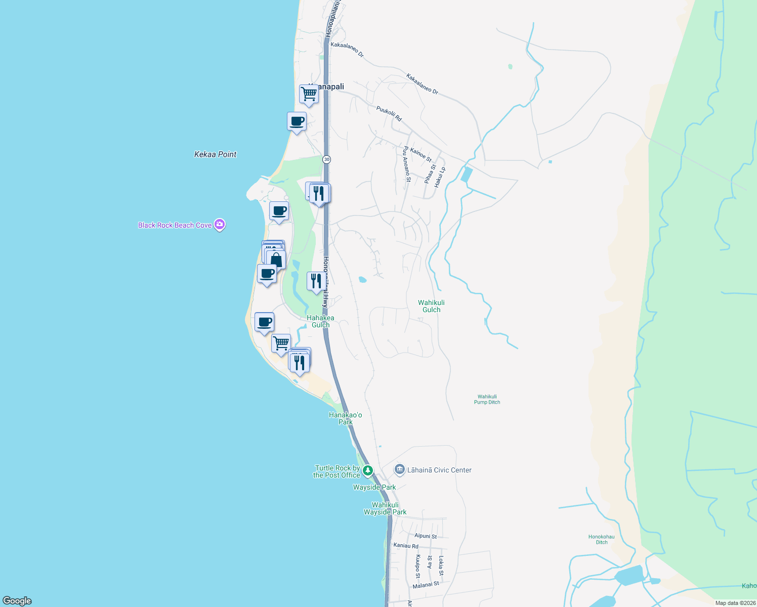 map of restaurants, bars, coffee shops, grocery stores, and more near 104 Anapuni Loop in Lahaina