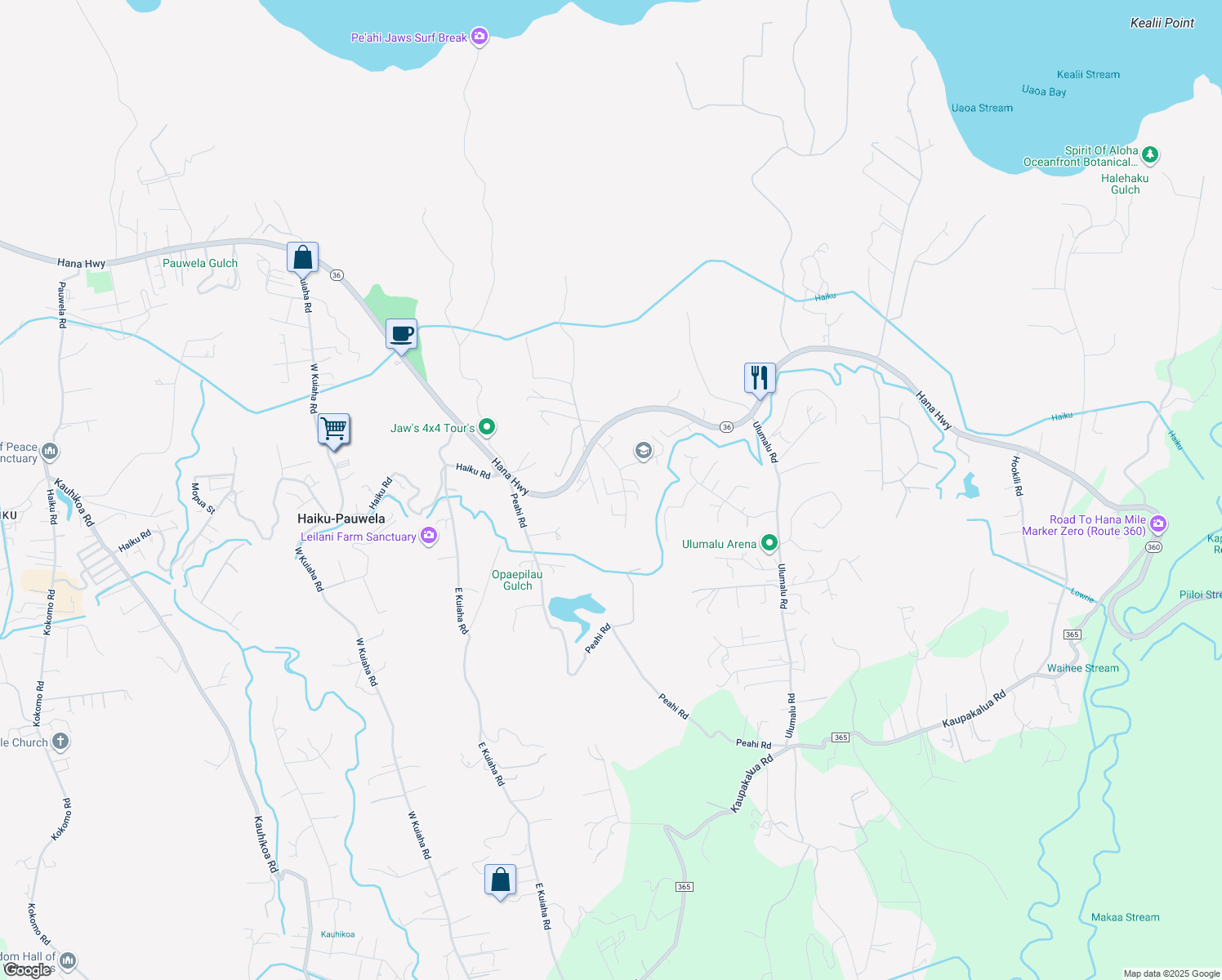 map of restaurants, bars, coffee shops, grocery stores, and more near 100 Hohani Place in Haiku-Pauwela