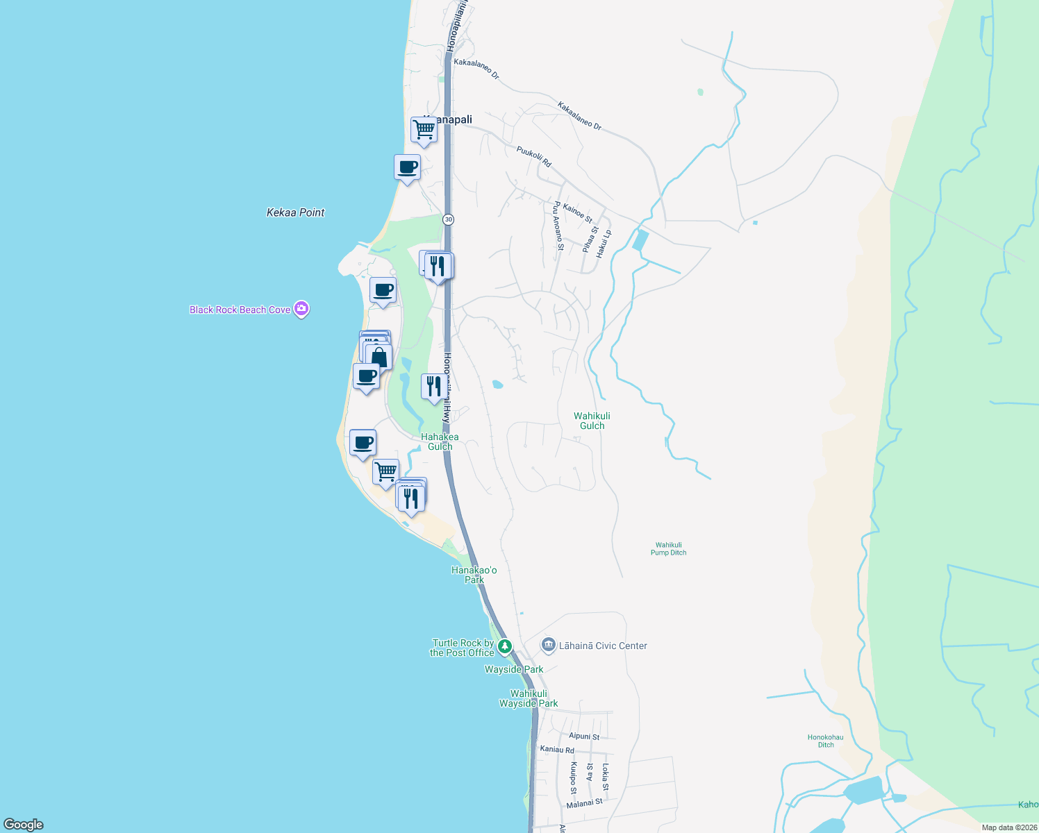 map of restaurants, bars, coffee shops, grocery stores, and more near 104 Anapuni Loop in Lahaina