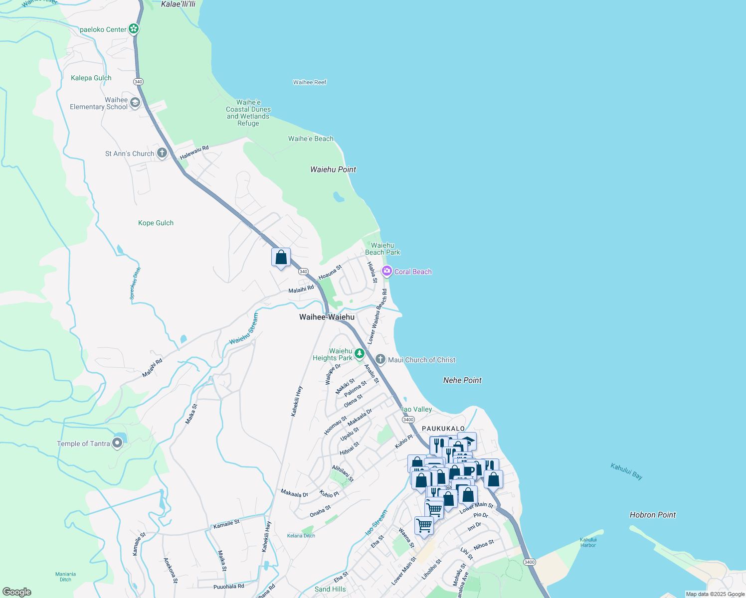 map of restaurants, bars, coffee shops, grocery stores, and more near 1302 West Hiahia Place in Wailuku