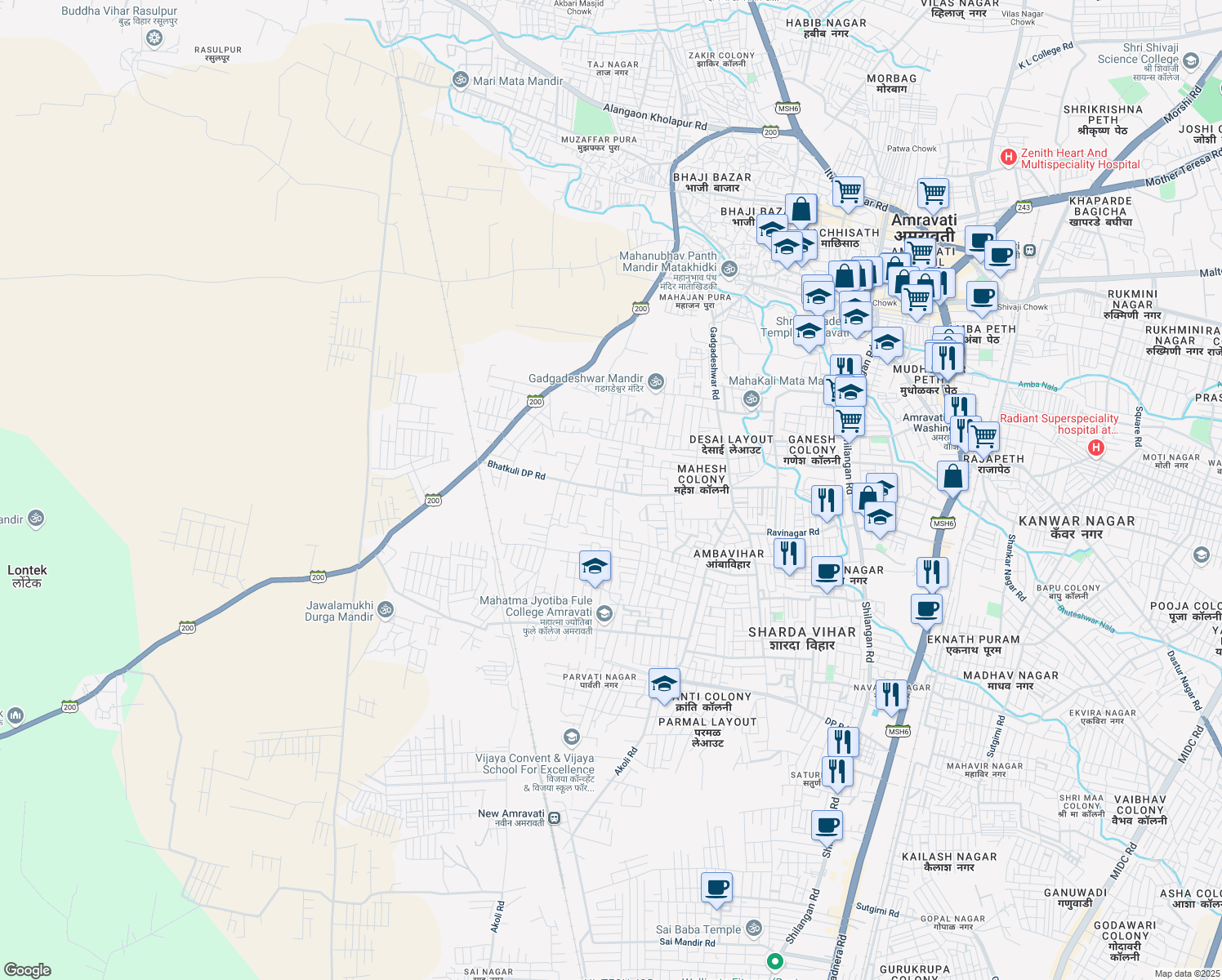 map of restaurants, bars, coffee shops, grocery stores, and more near Bhatkuli DP Road in Amravati